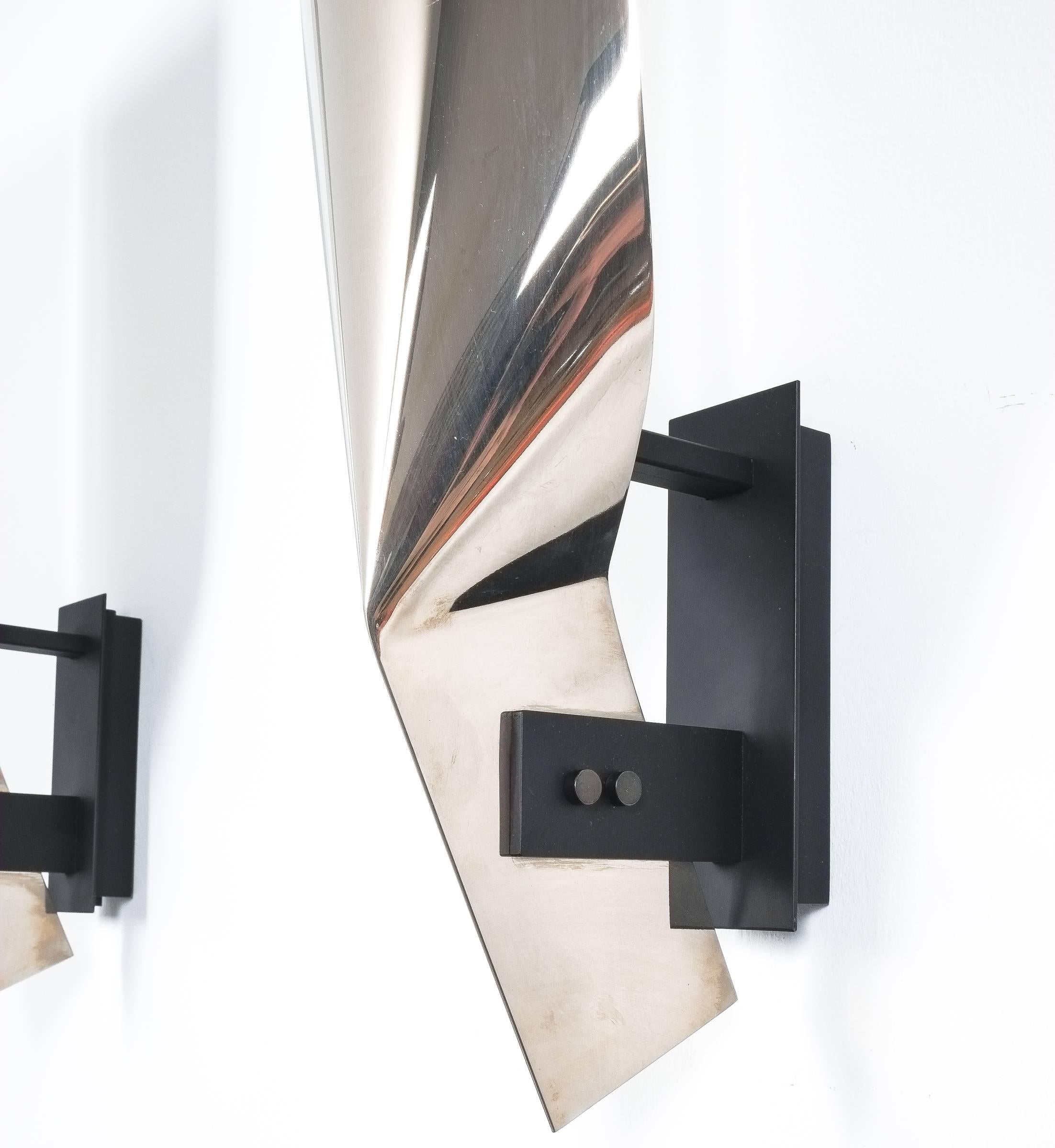 Polished Artisan Stainless Steel Wall Lamps Folded Large Sconces, France, 1980 2