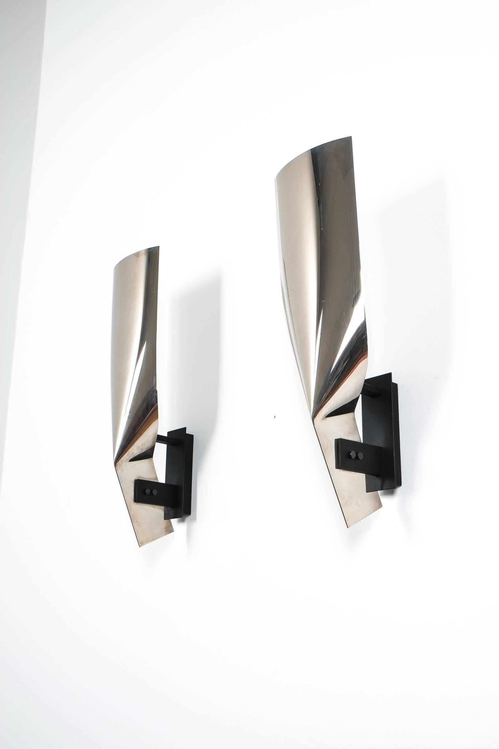 Polished Artisan Stainless Steel Wall Lamps Folded Large Sconces, France, 1980 3