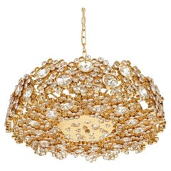 Palwa Crystal Glass Gold Plated Brass Chandeliers Refurbished One of Three, 1960
