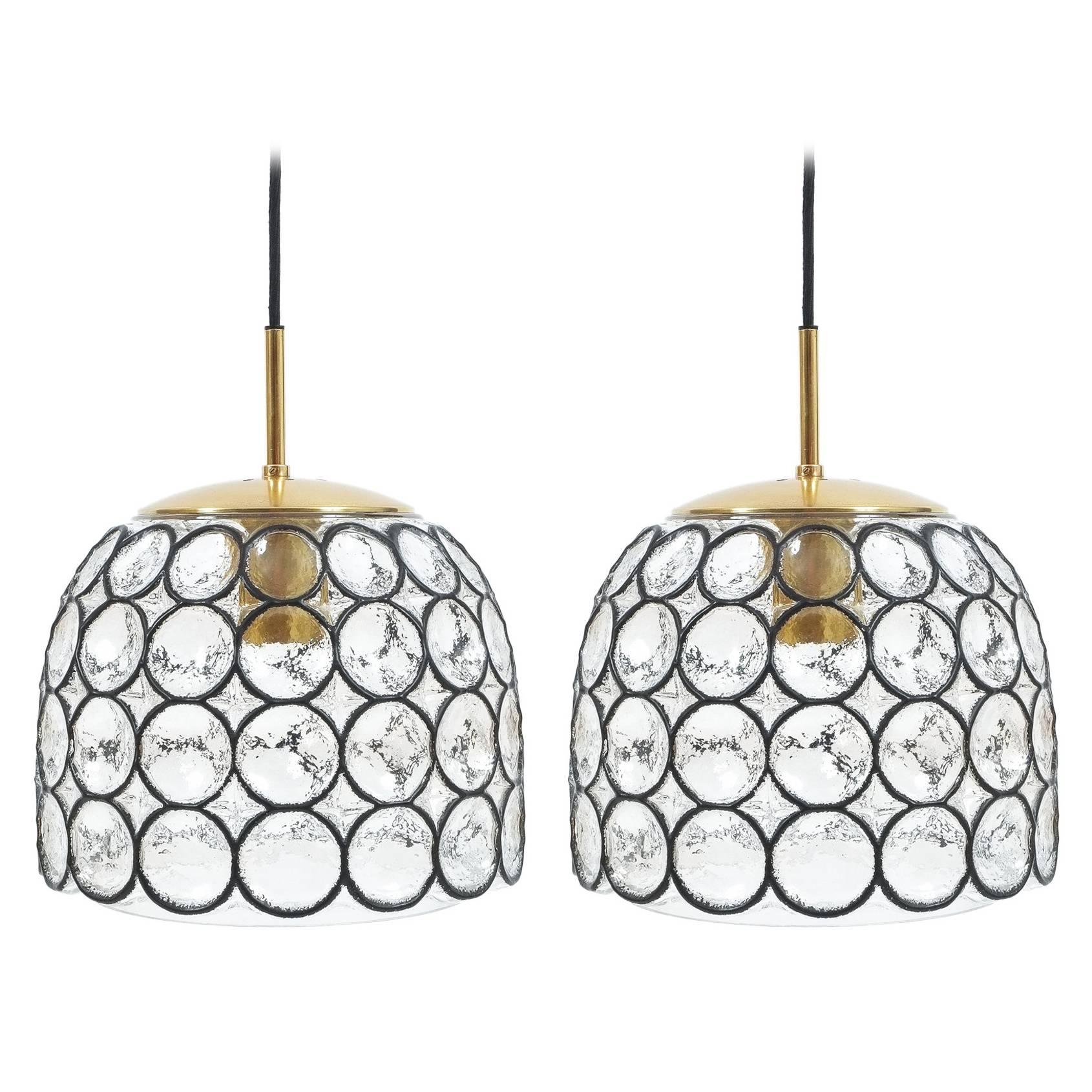Pair of Large Iron and Glass Pendant Lamps by Limburg, 1960