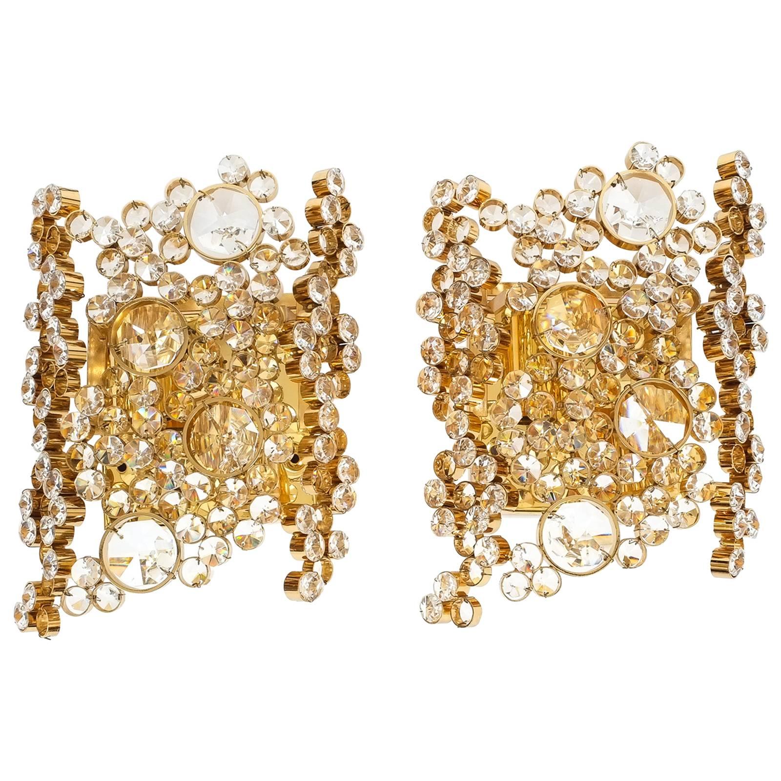 Pair of Gilt Brass and Crystal Glass Encrusted Sconces by Palwa