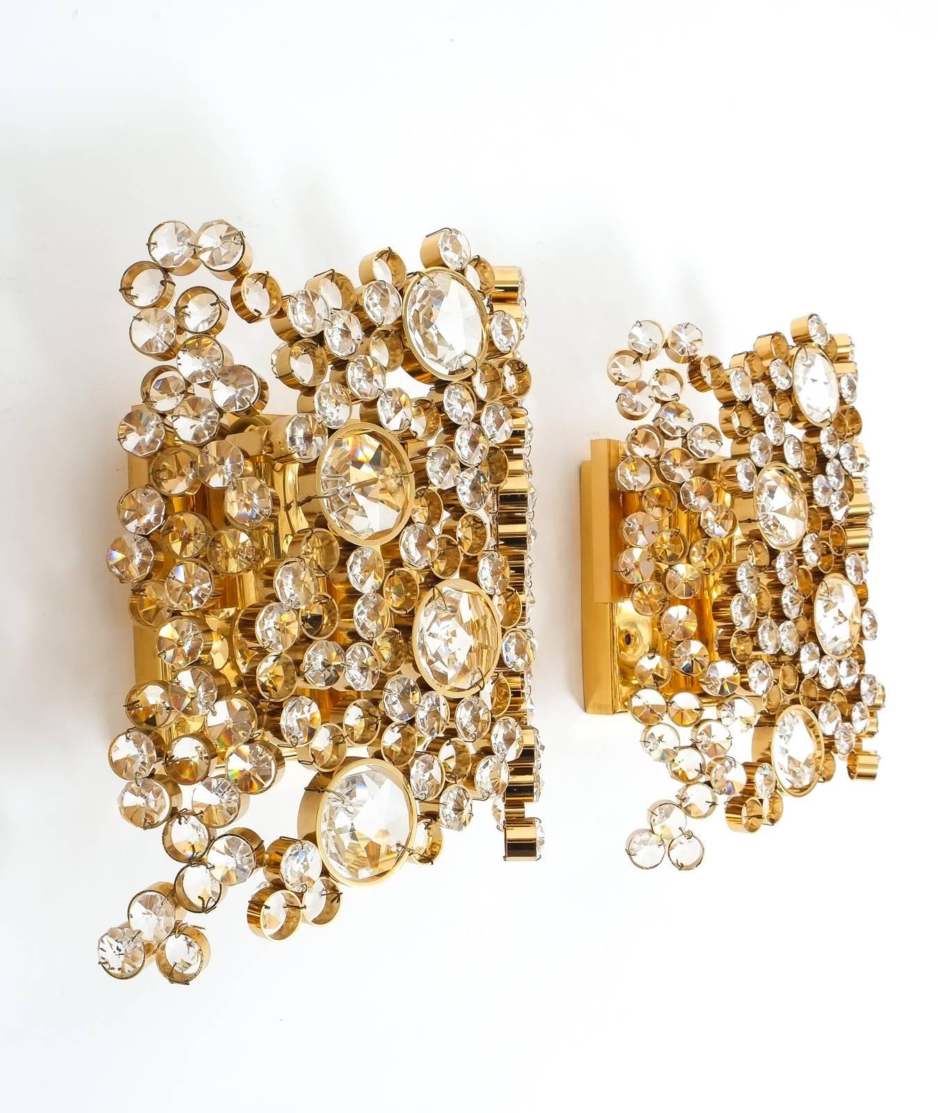 Hollywood Regency Pair of Gilt Brass and Crystal Glass Encrusted Sconces by Palwa