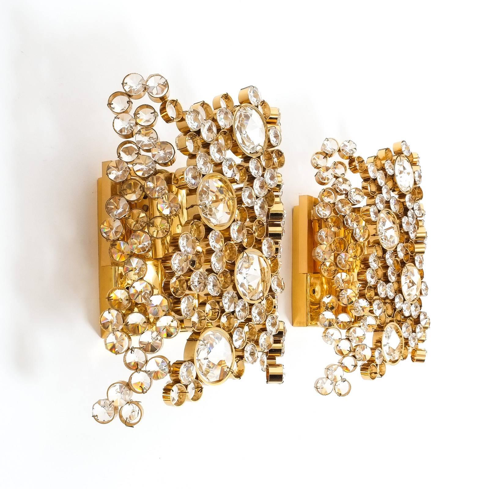 Mid-20th Century Pair of Gilt Brass and Crystal Glass Encrusted Sconces by Palwa