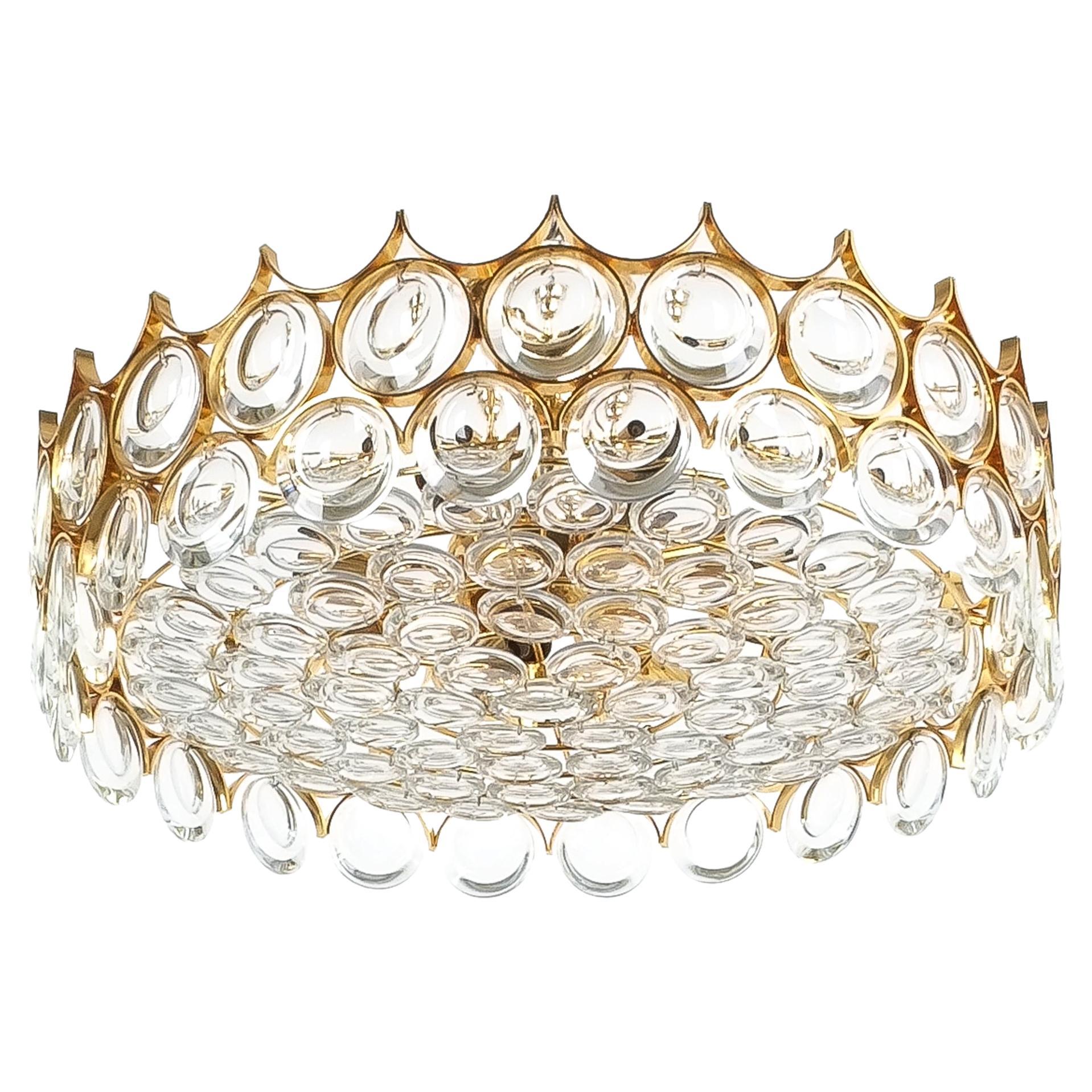 Palwa Refurbished Gold Plated Brass and Glass Semi Flush Mount For Sale