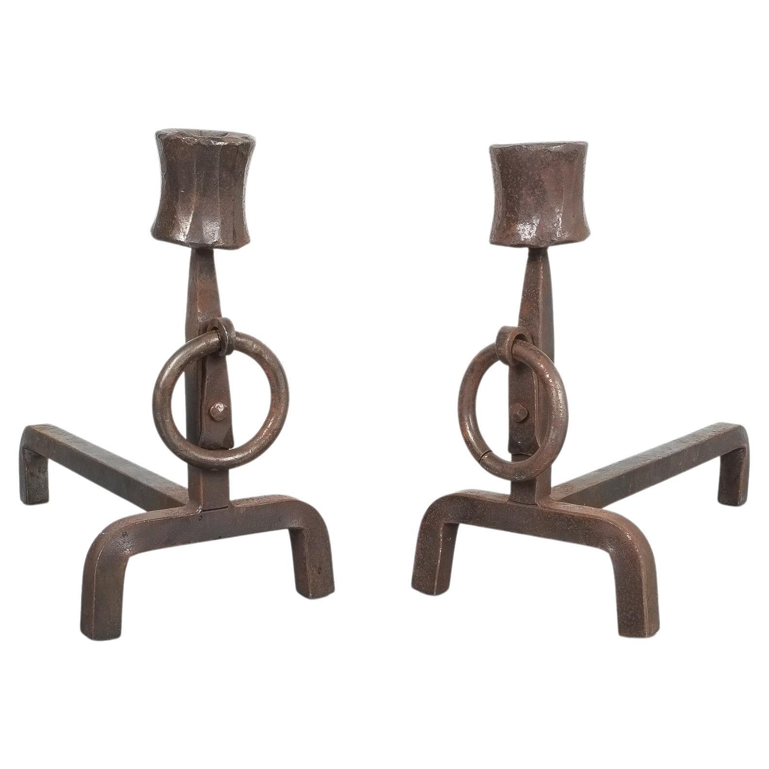 Wrought Iron Rustic Andirons, Midcentury, France For Sale