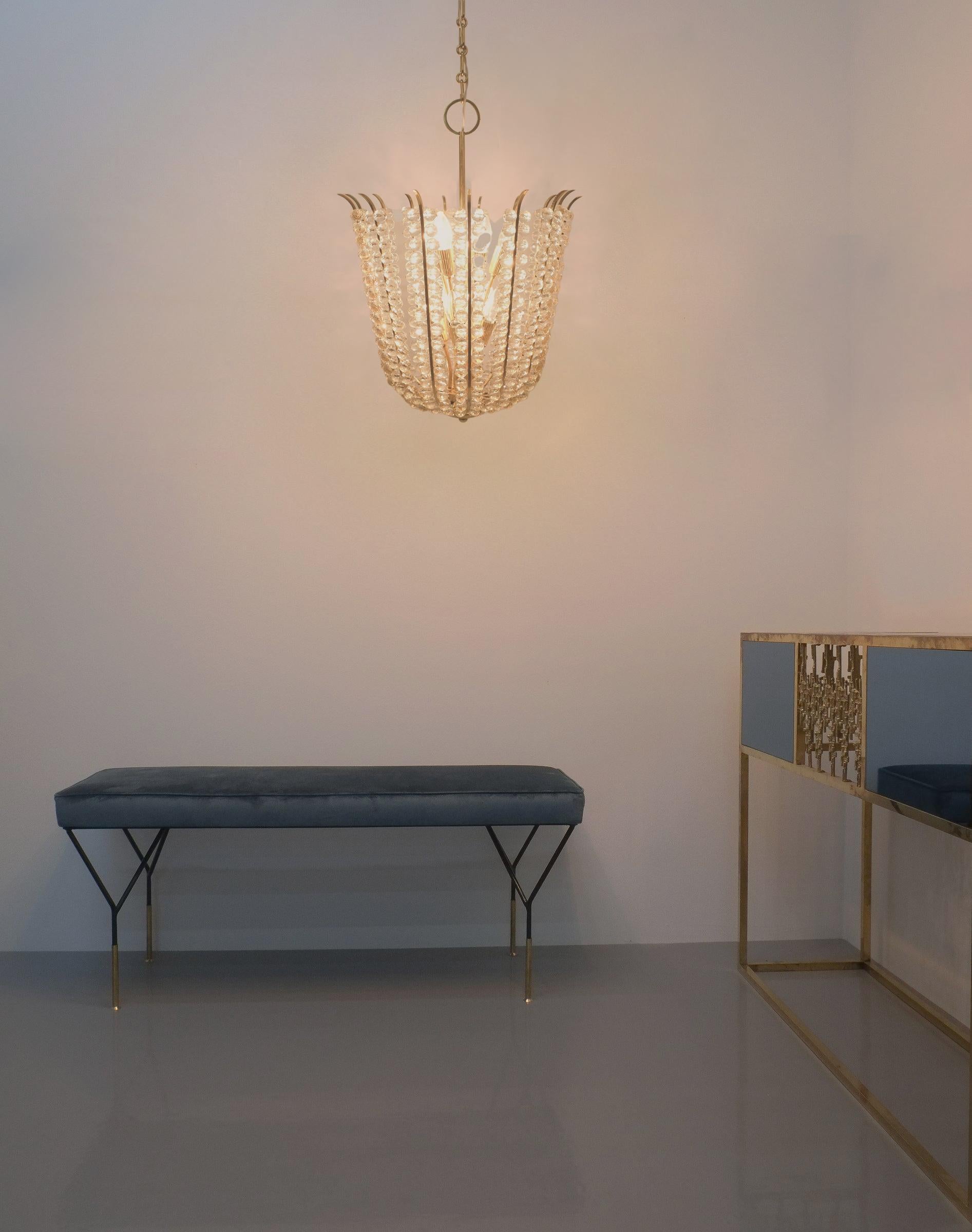 Mid-Century Modern Bakalowits Basket Crystal and Brass Chandelier Restored, circa 1950 For Sale