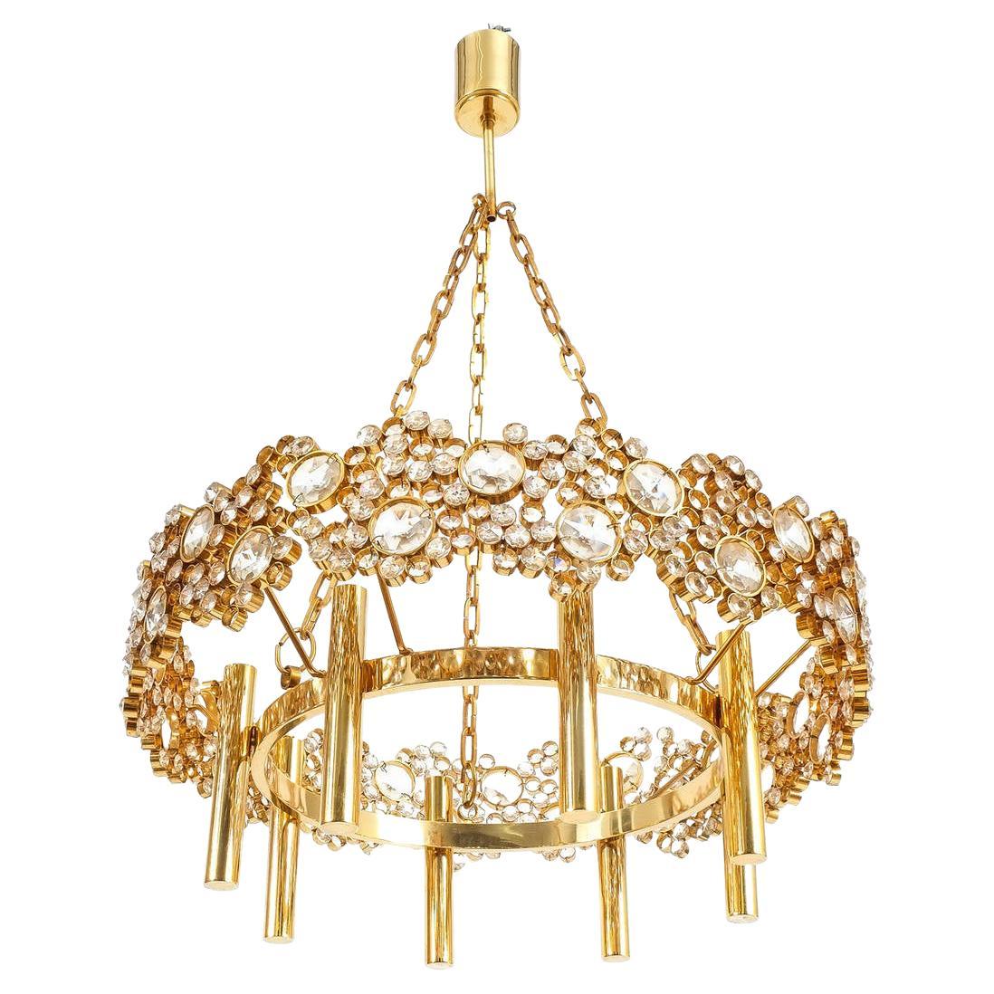 Brass and Glass Chandelier Gilt, Palwa, circa 1960 For Sale