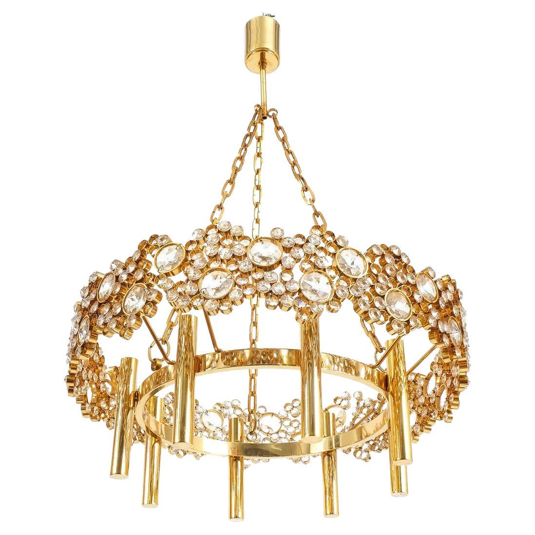 Brass and Glass Chandelier Gilt, Palwa, circa 1960