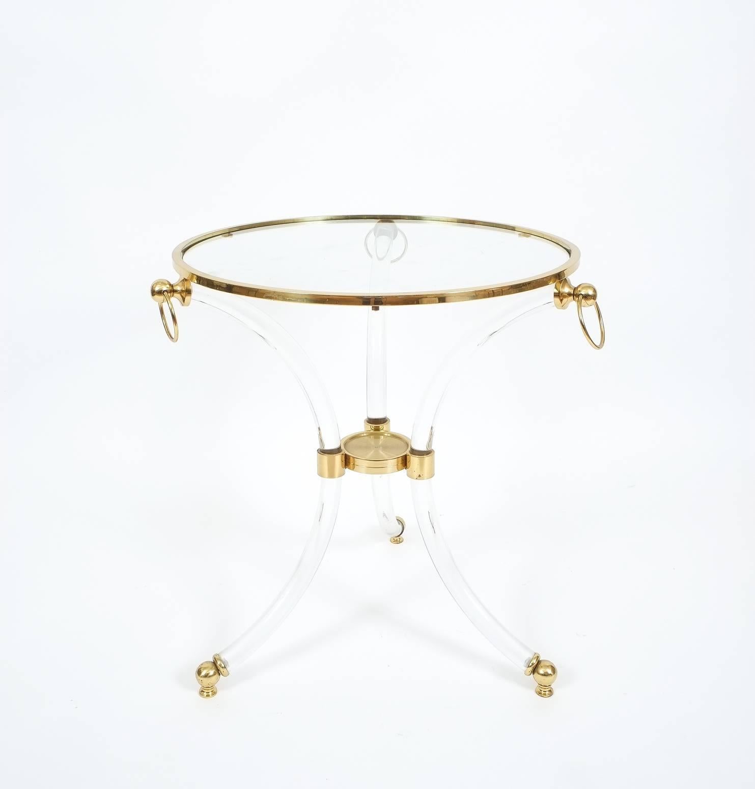 Late 20th Century French Round Lucite Glass & Brass Side Table circa 1970