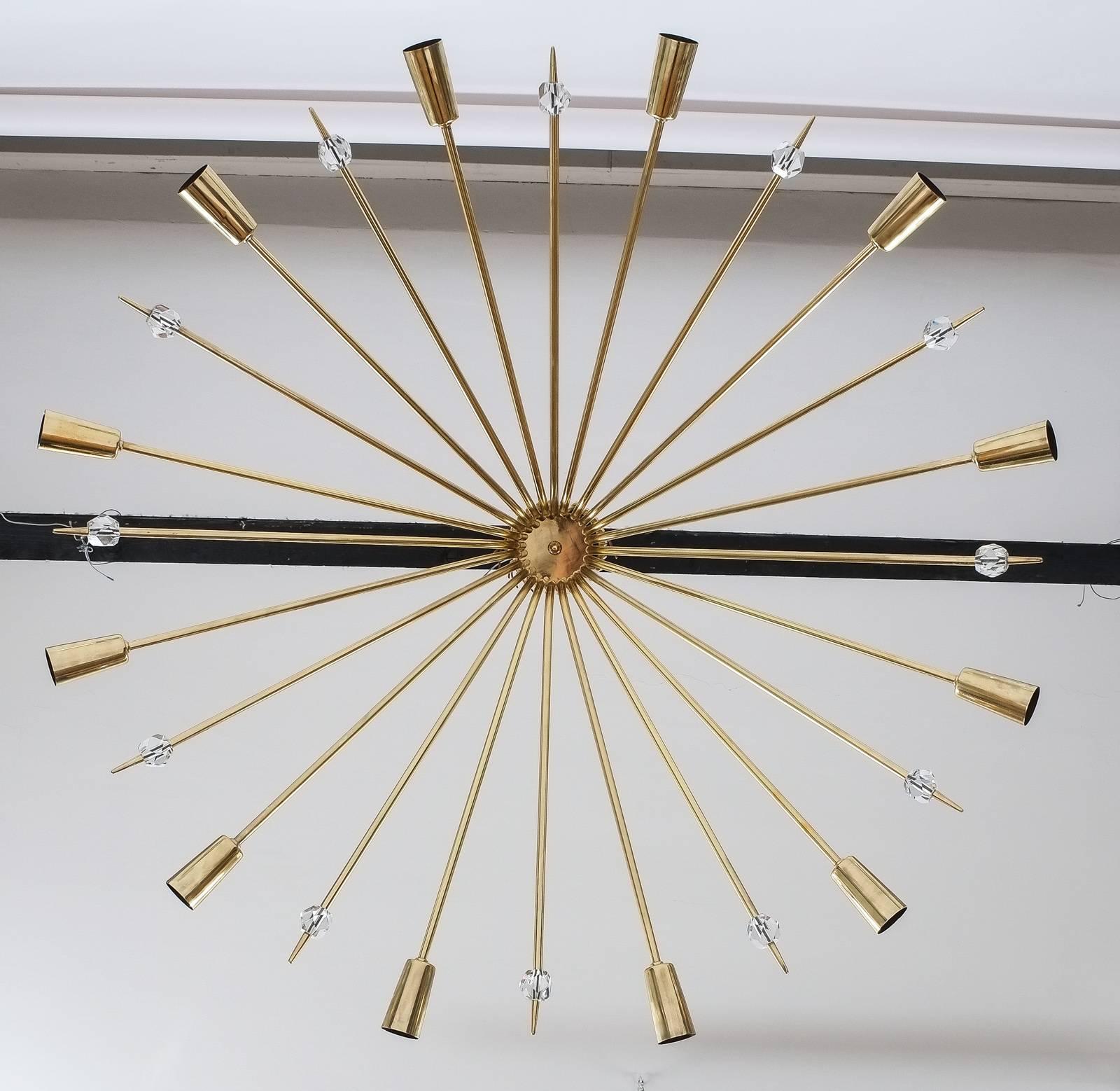 Mid-20th Century J.T. Kalmar Spider Brass Flush Mount Lamp Chandelier Refurbished, Austria 1950 For Sale