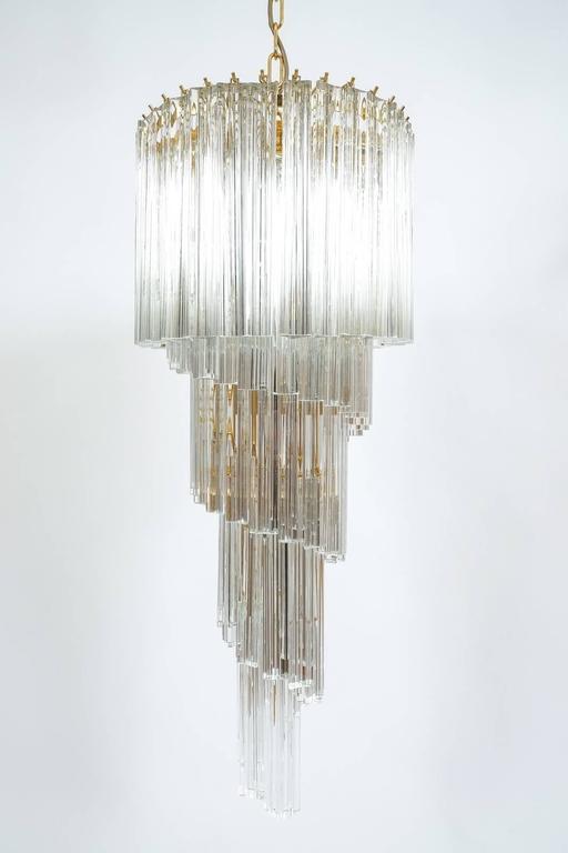 Gilt Venini Five-Tier Swirling Chandelier Lamp with Murano Glass Triedri Prisms, 1960 For Sale