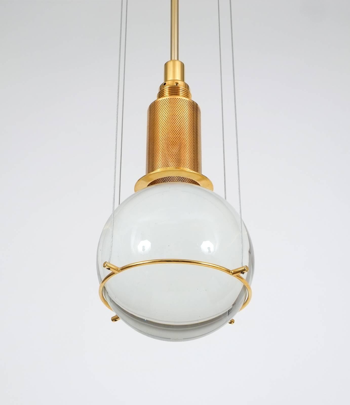 German Solid Crystal Ball Light with Gilt Brass by Florian Schulz, 1960