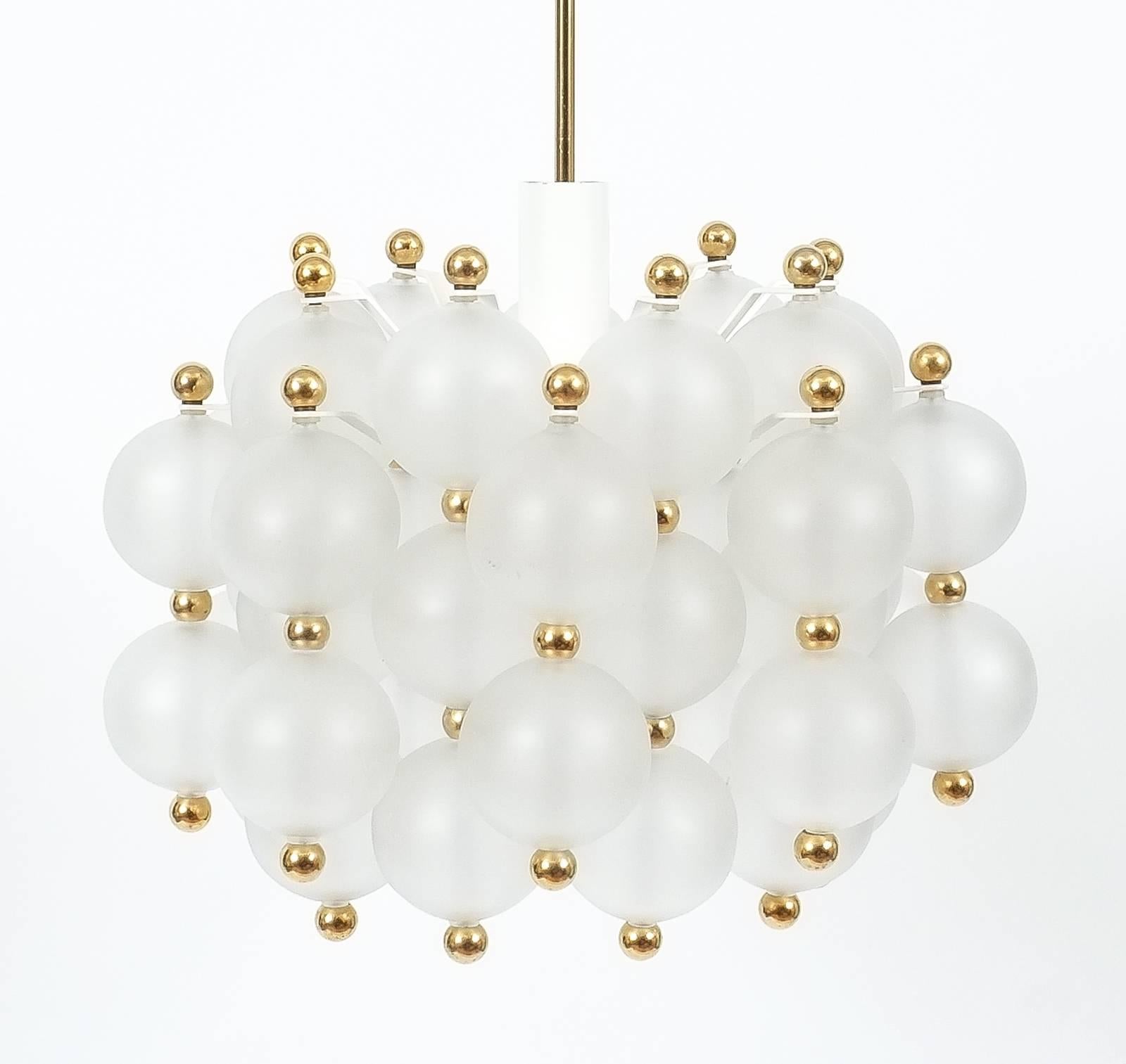 Enameled Satin Glass Chandelier Lamp By Kinkeldey With Gold Knobs, circa 1980 For Sale