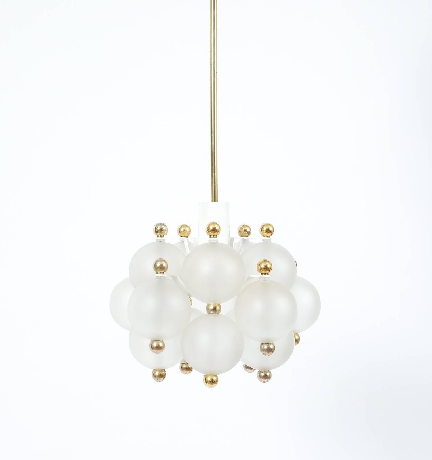 Satin Glass Chandelier Lamp By Kinkeldey With Gold Knobs, circa 1980 For Sale 1