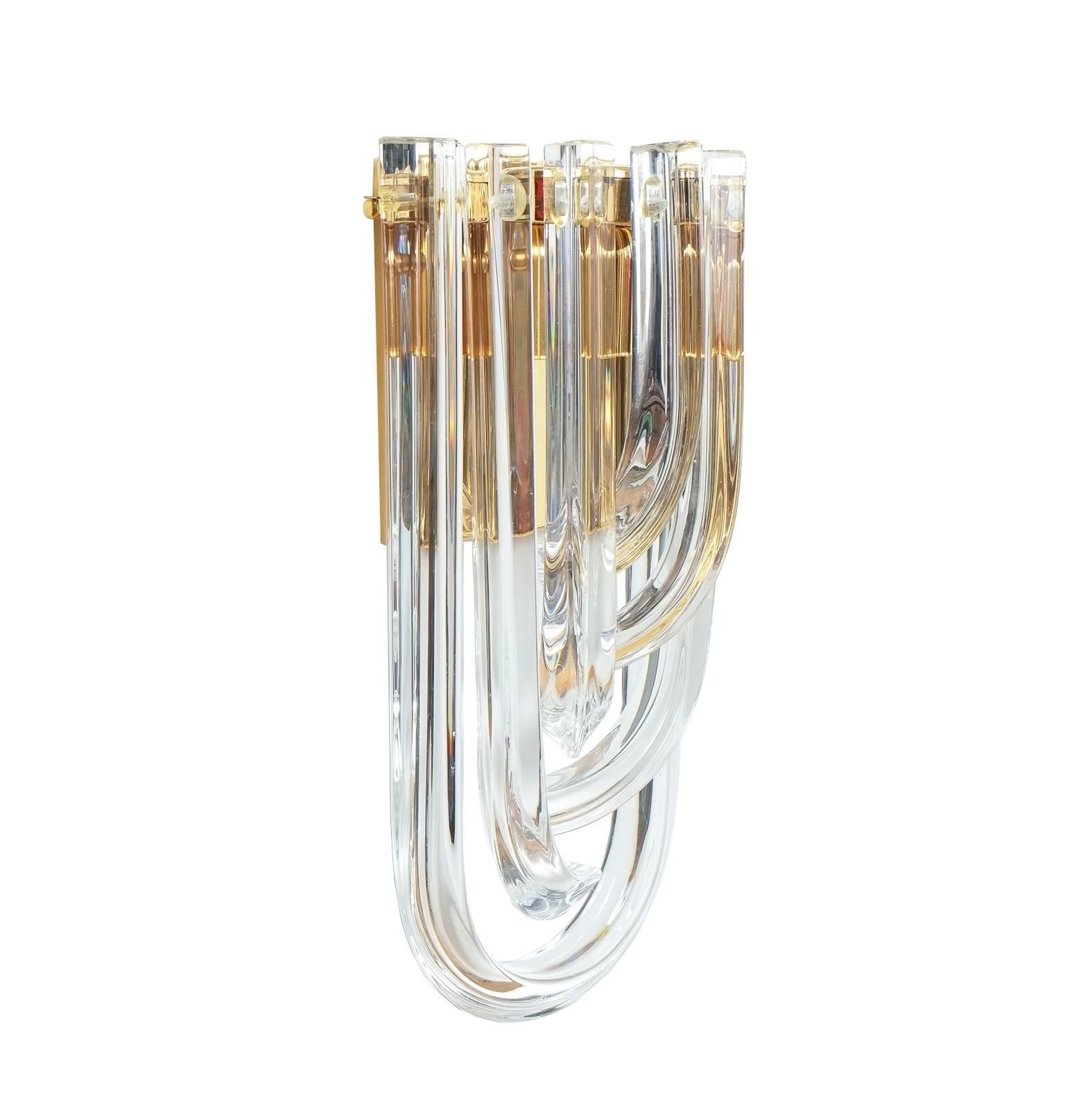 Mid-20th Century Large Venini Curved Crystal Gilt Brass Sconces (4) , Italy 1960