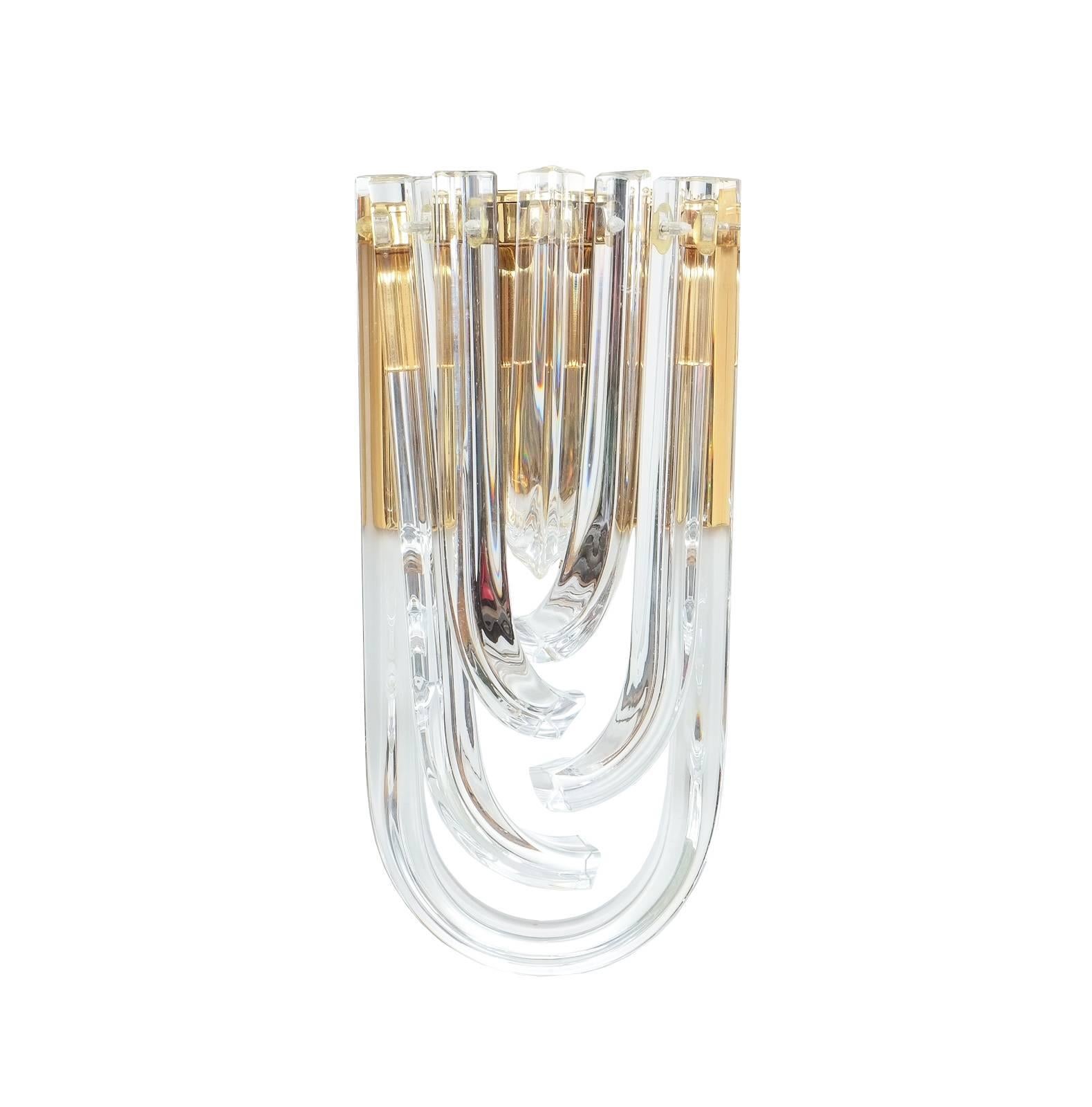 Italian Large Venini Curved Crystal Gilt Brass Sconces (4) , Italy 1960