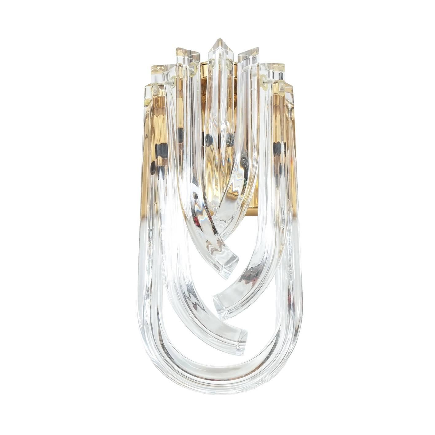 Mid-Century Modern Large Venini Curved Crystal Gilt Brass Sconces (4) , Italy 1960