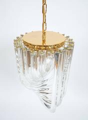 One of Three Venini Curved Crystal Glass Gilt Brass Chandelier