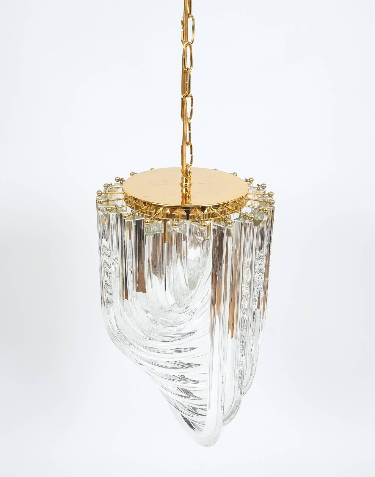 One of Three Venini Curved Crystal Glass Gilt Brass Chandelier For Sale 1