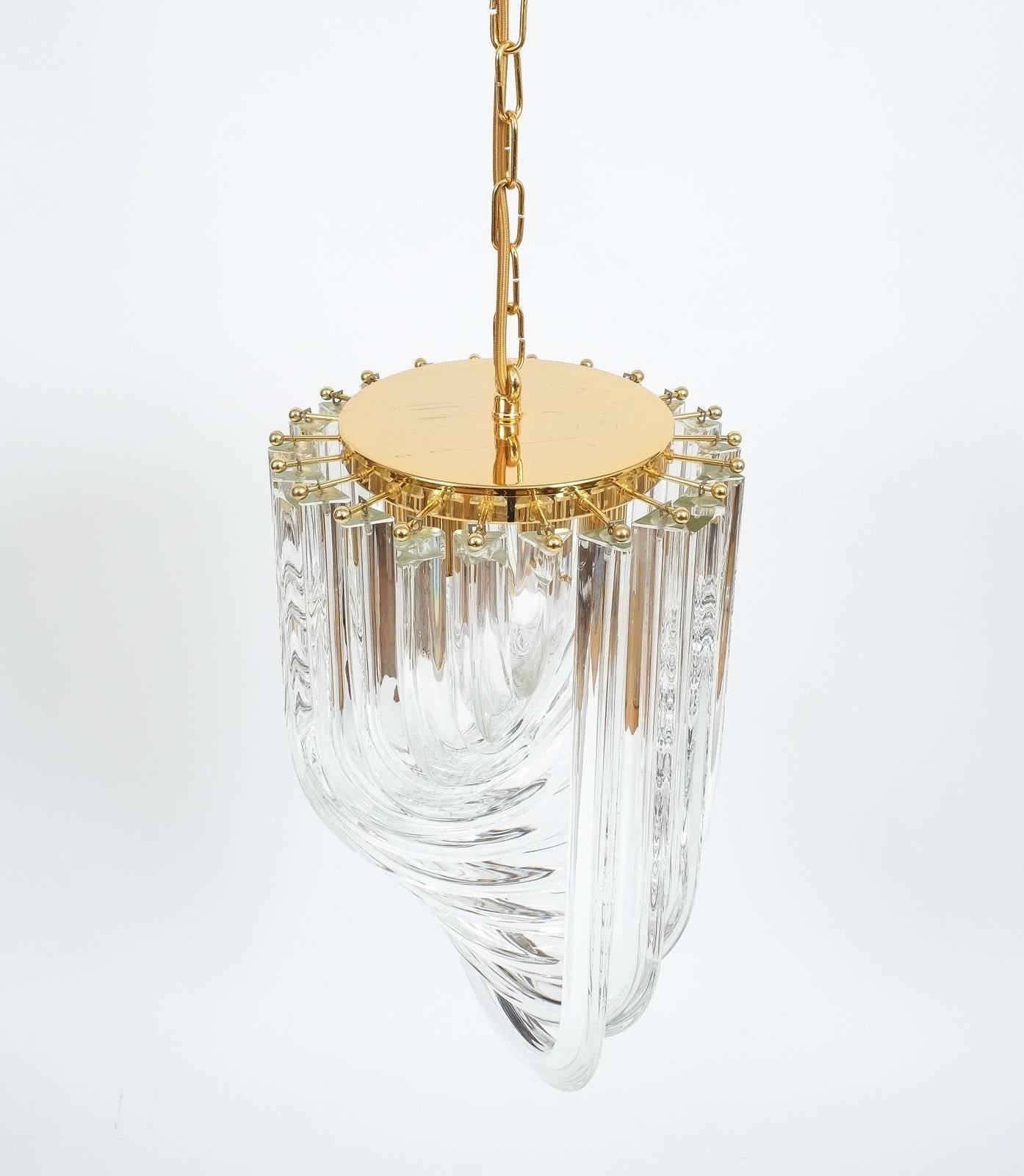Mid-20th Century One of Three Venini Curved Crystal Glass Gilt Brass Chandelier For Sale