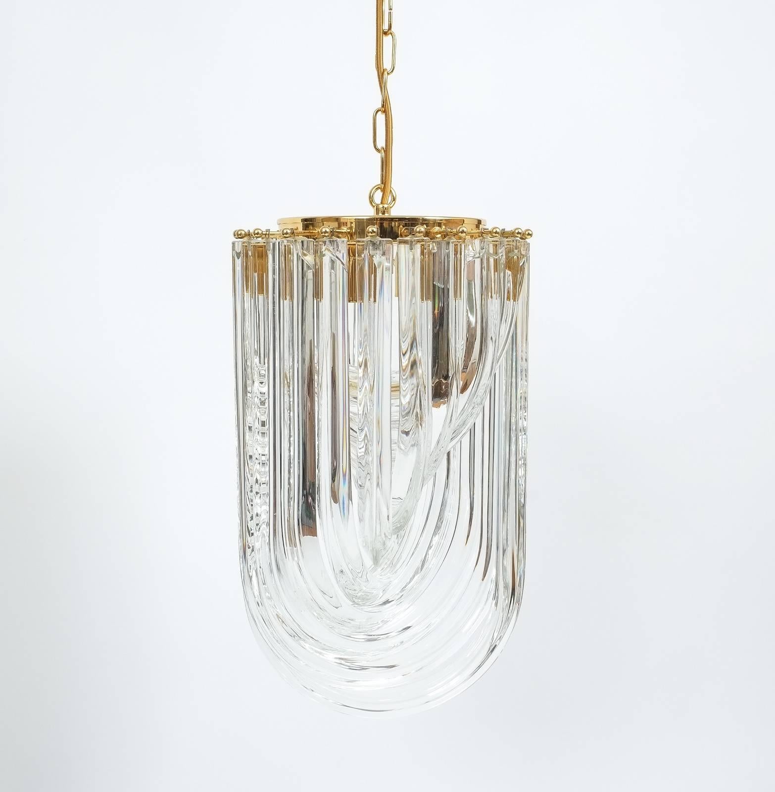 Italian One of Three Venini Curved Crystal Glass Gilt Brass Chandelier For Sale