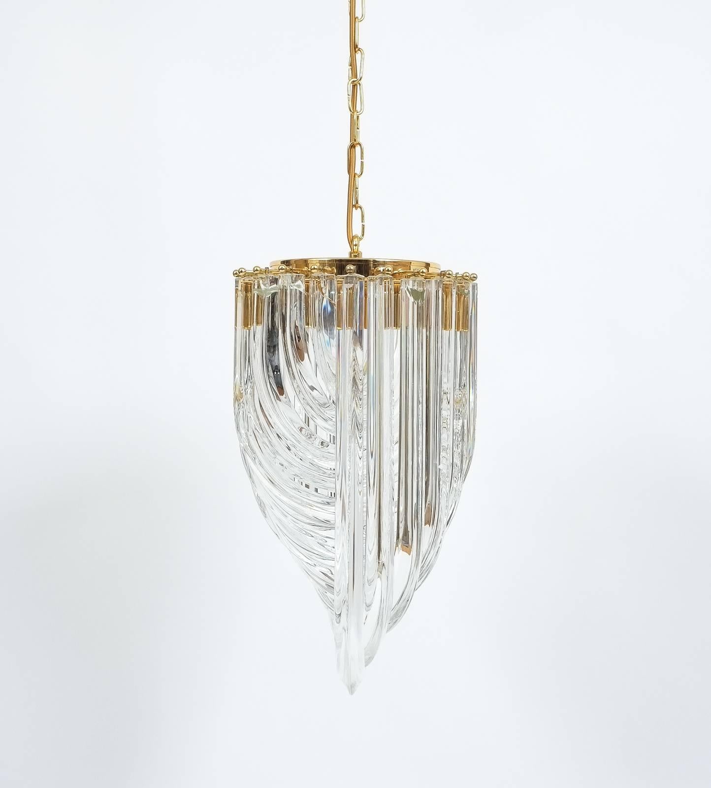 One of Three Venini Curved Crystal Glass Gilt Brass Chandelier For Sale 2