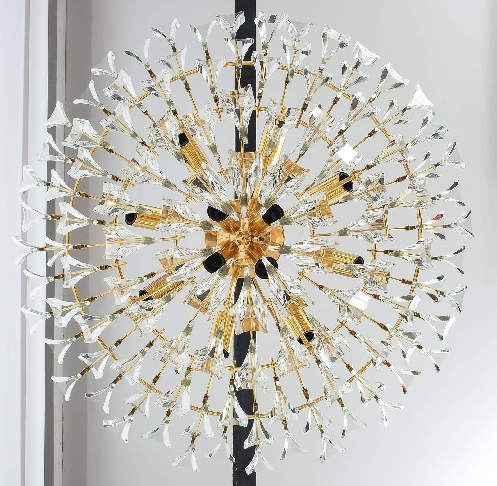 Gilt Large Glass and Brass Chandelier by Stilkrone Italy , circa 1970 For Sale