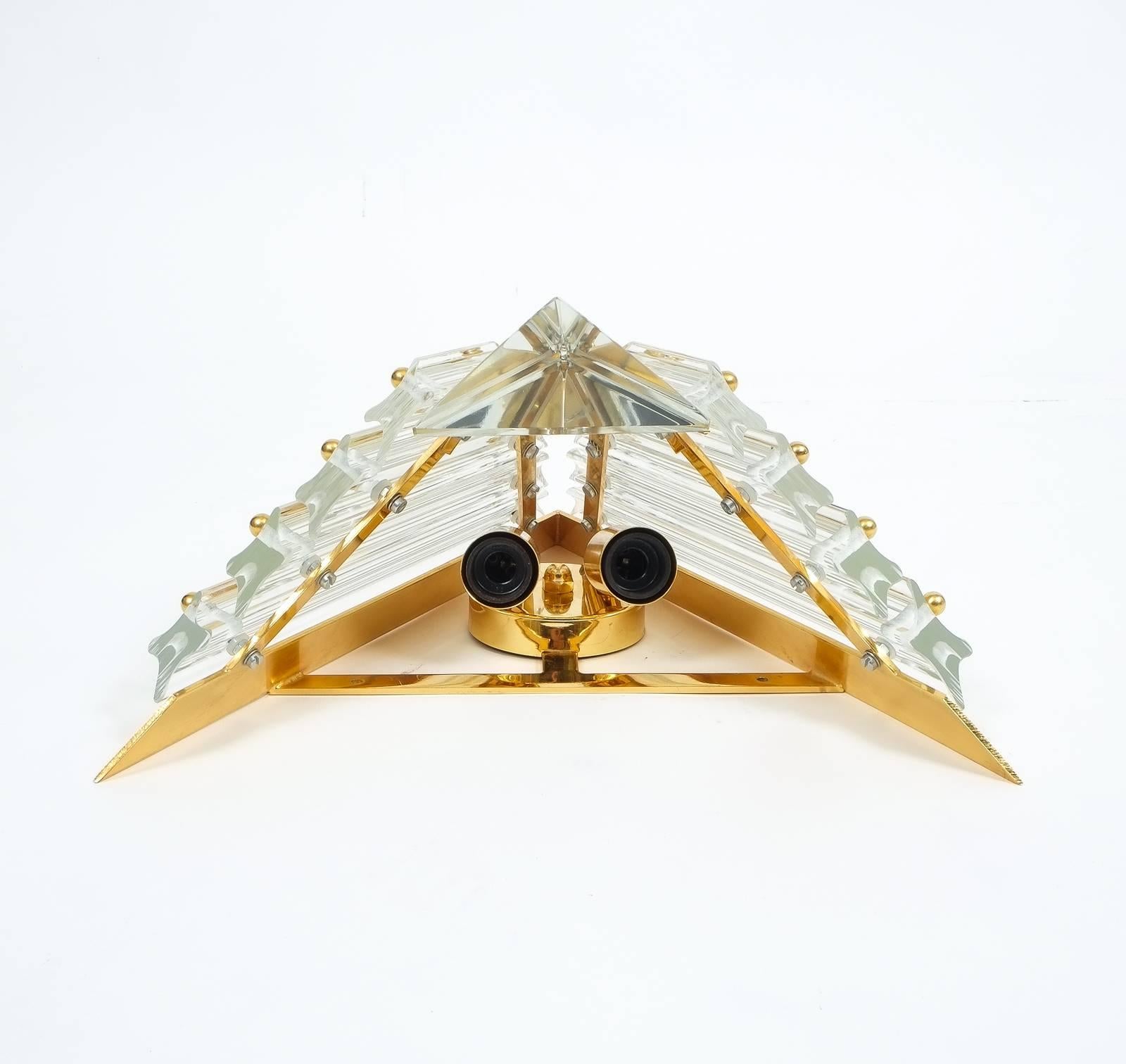 Gilt Pair of Triangular Crystal and Brass Murano Sconces, circa 1970