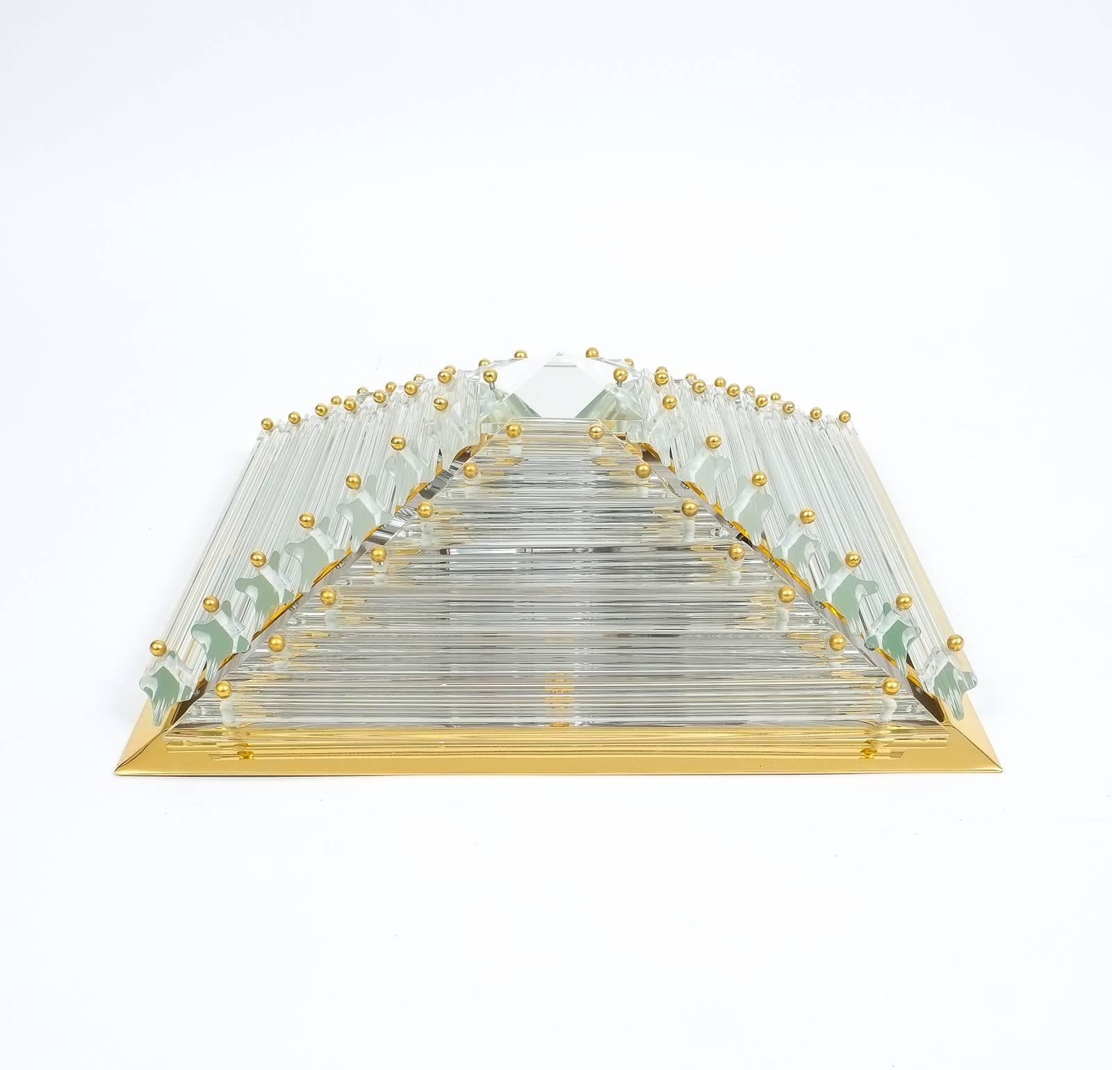 Cut Glass Pair Pyramide Crystal and Brass Venini  Murano Lamps Flush Mounts, circa 1970