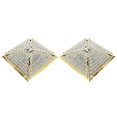 Pair Pyramide Crystal and Brass Venini Murano Lamps Flush Mounts, circa 1970