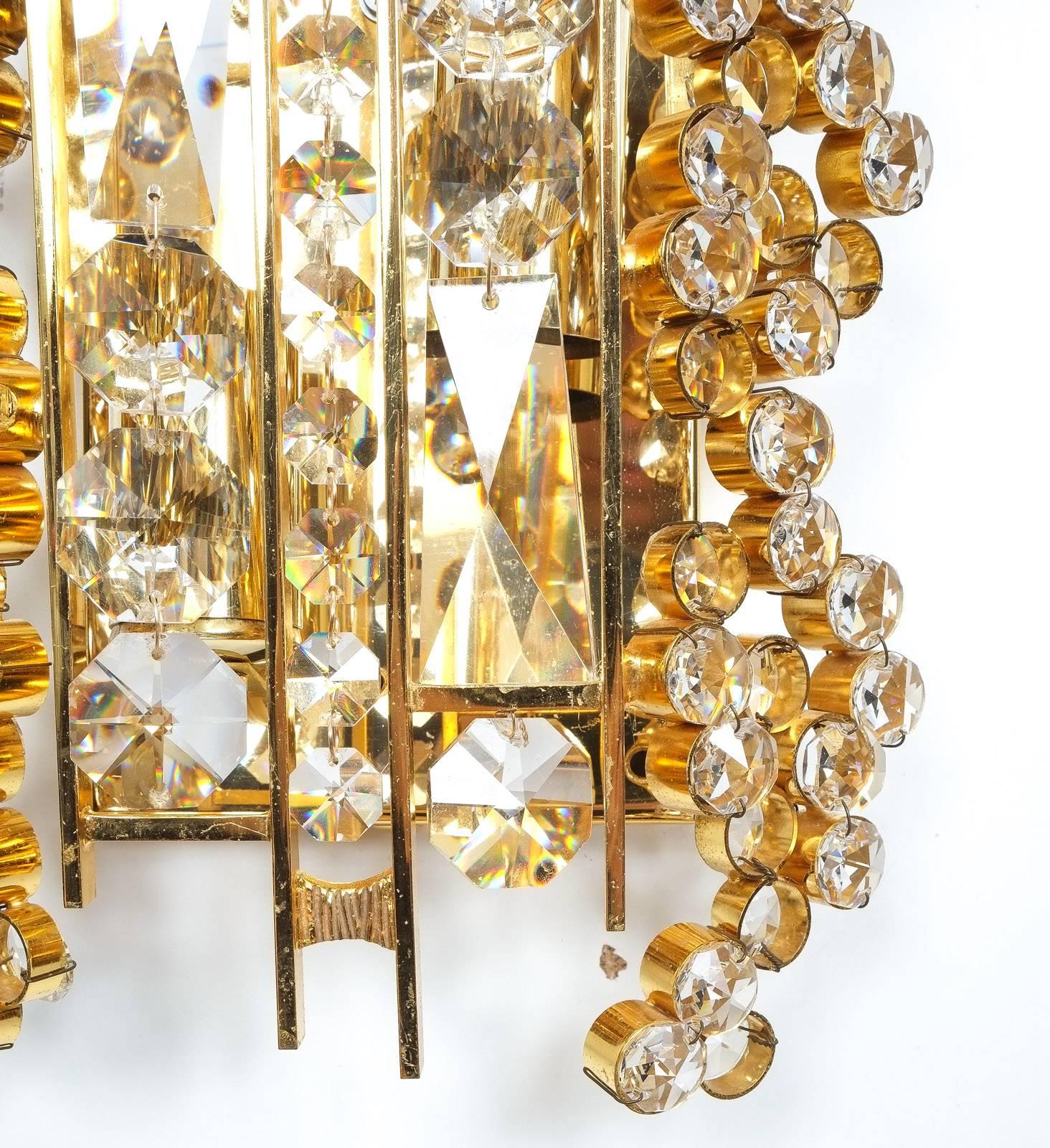 Hollywood Regency Pair of Gilt Brass and Crystal Glass Encrusted Sconces by Palwa