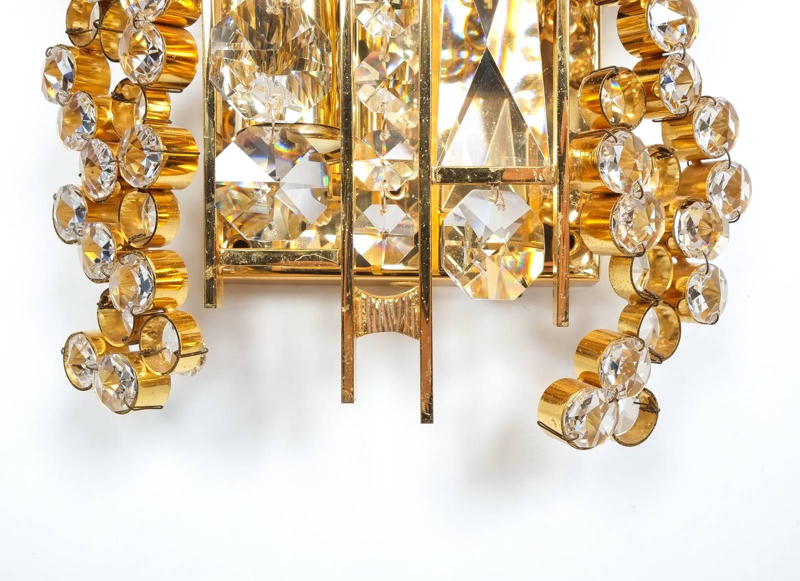 Mid-20th Century Pair of Gilt Brass and Crystal Glass Encrusted Sconces by Palwa