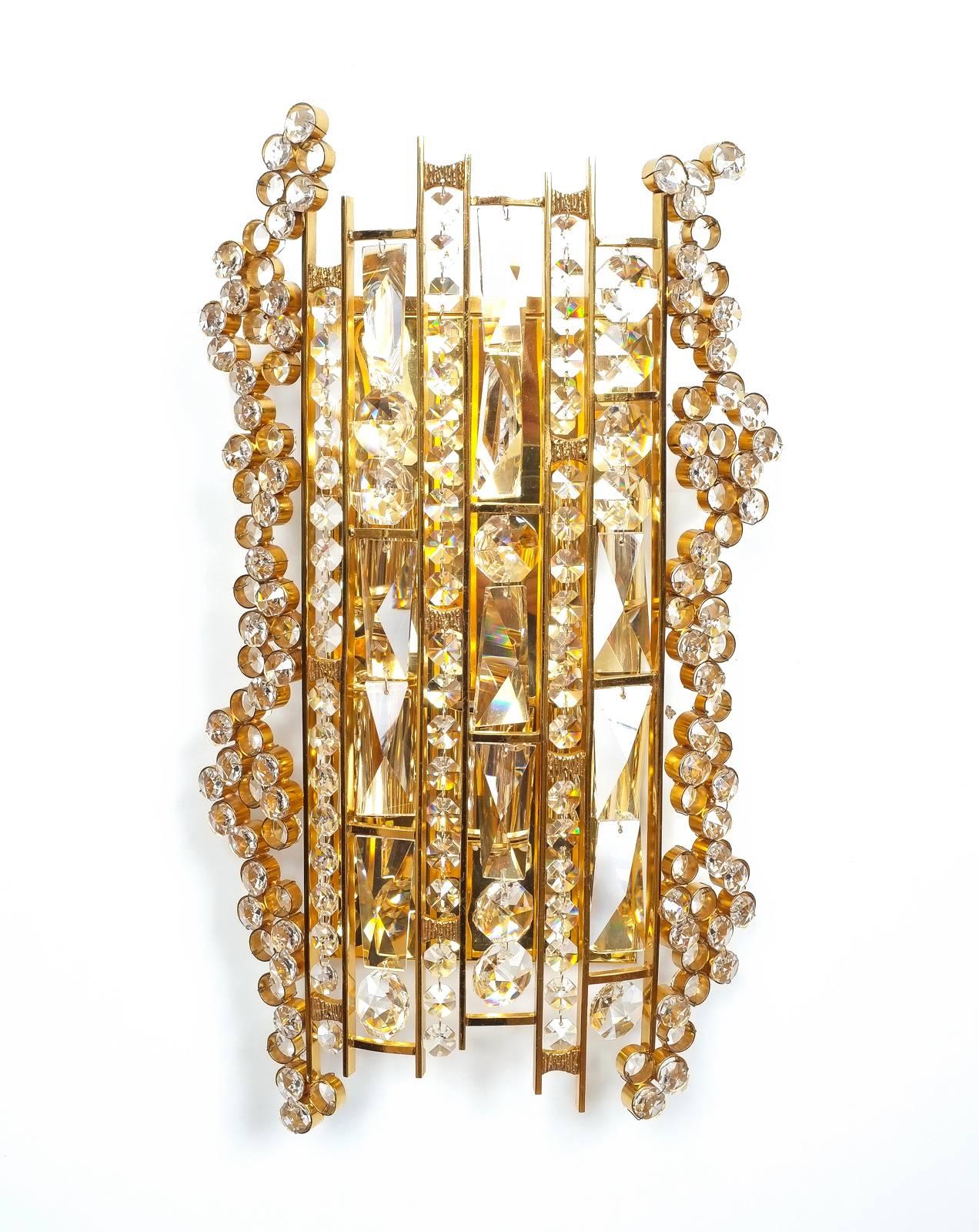 Cut Glass Pair of Gilt Brass and Crystal Glass Encrusted Sconces by Palwa