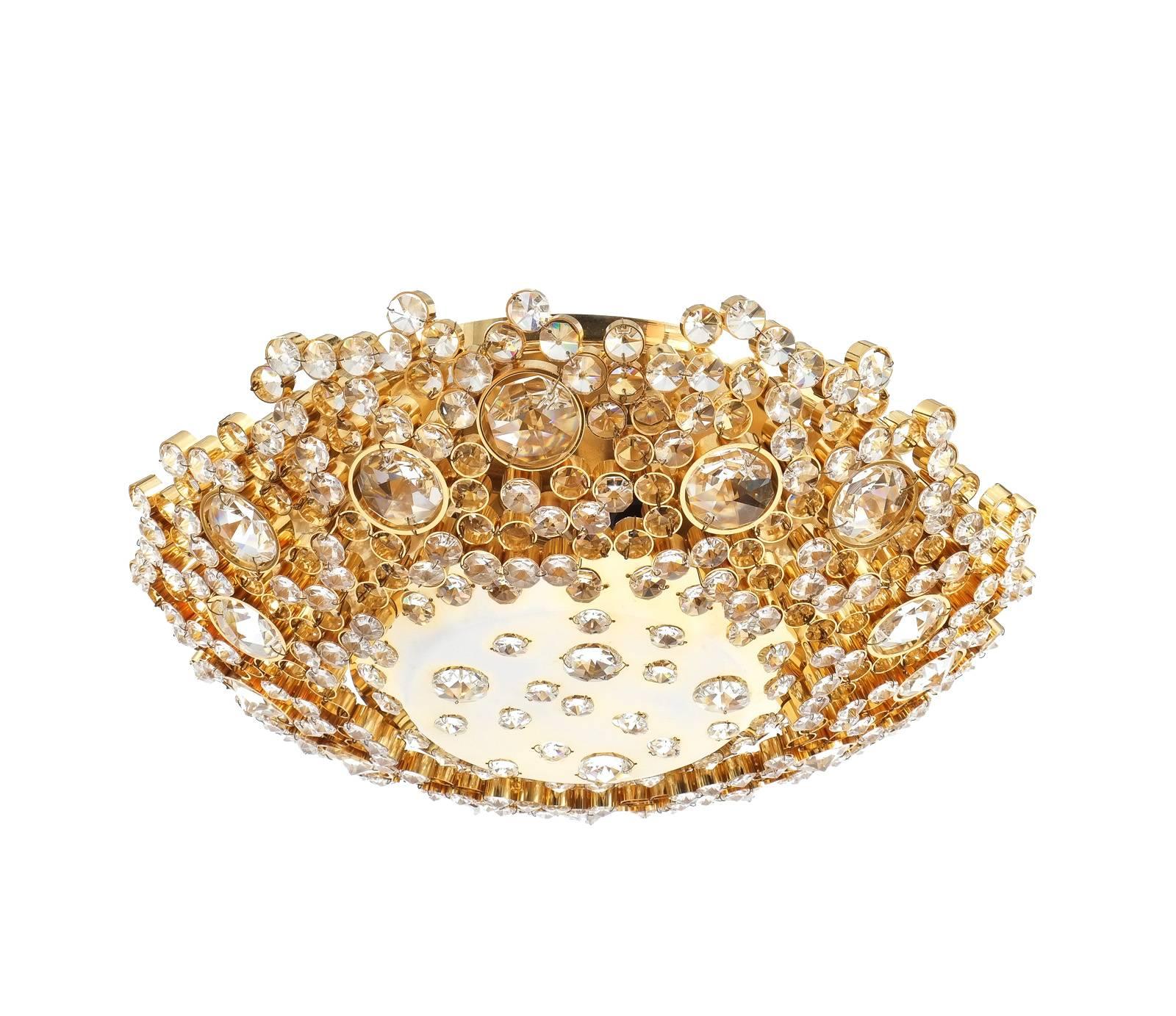 German Palwa Crystal Glass Encrusted Gold Plated Brass Flush Mount Ceiling Light, 1960