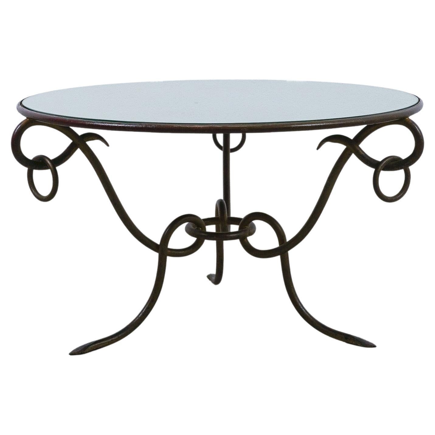 René Drouet Mirrored Coffee Table Wrought Iron, France 1950