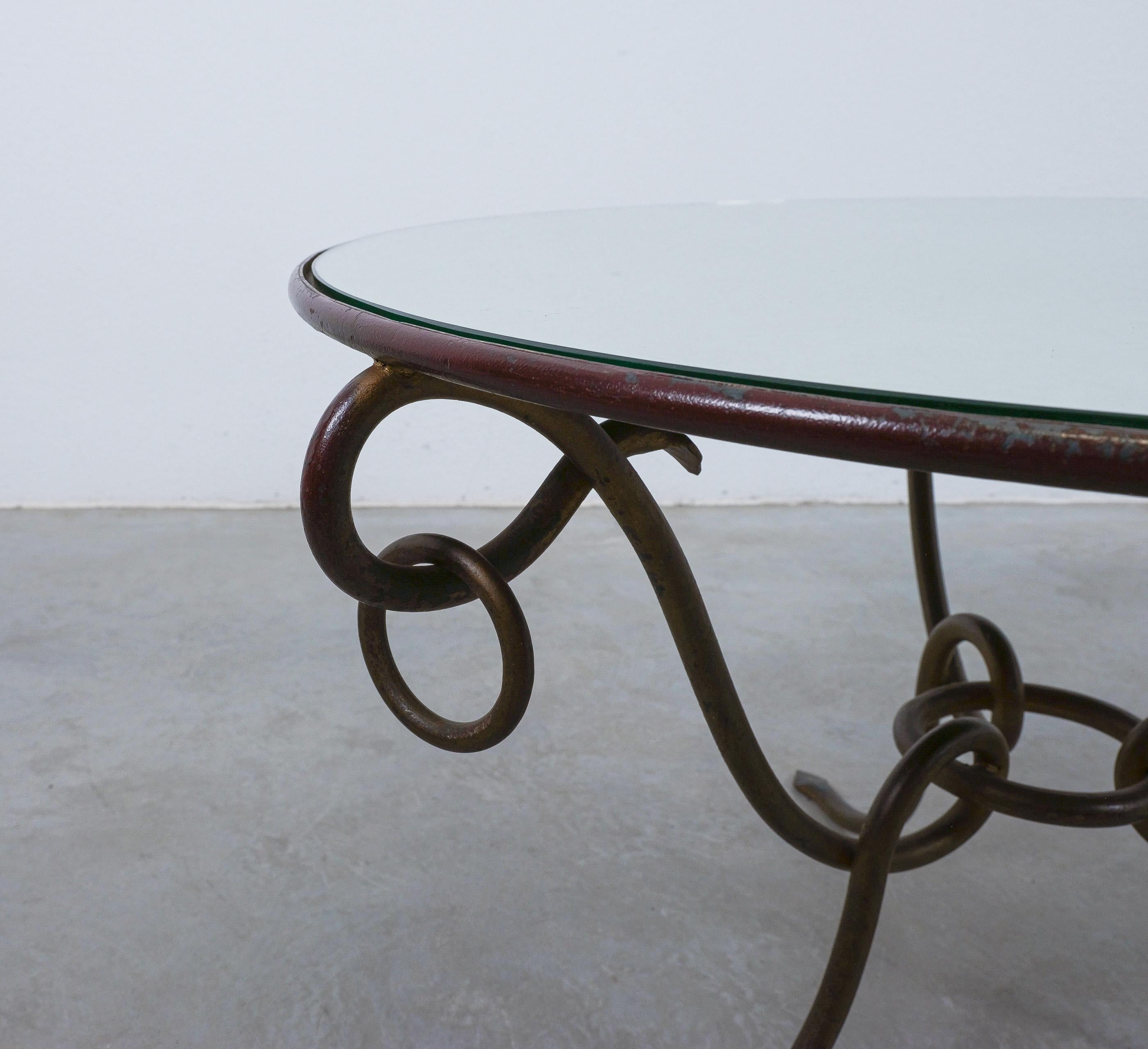 Mid-Century Modern René Drouet Mirrored Coffee Table Wrought Iron, France 1950 For Sale
