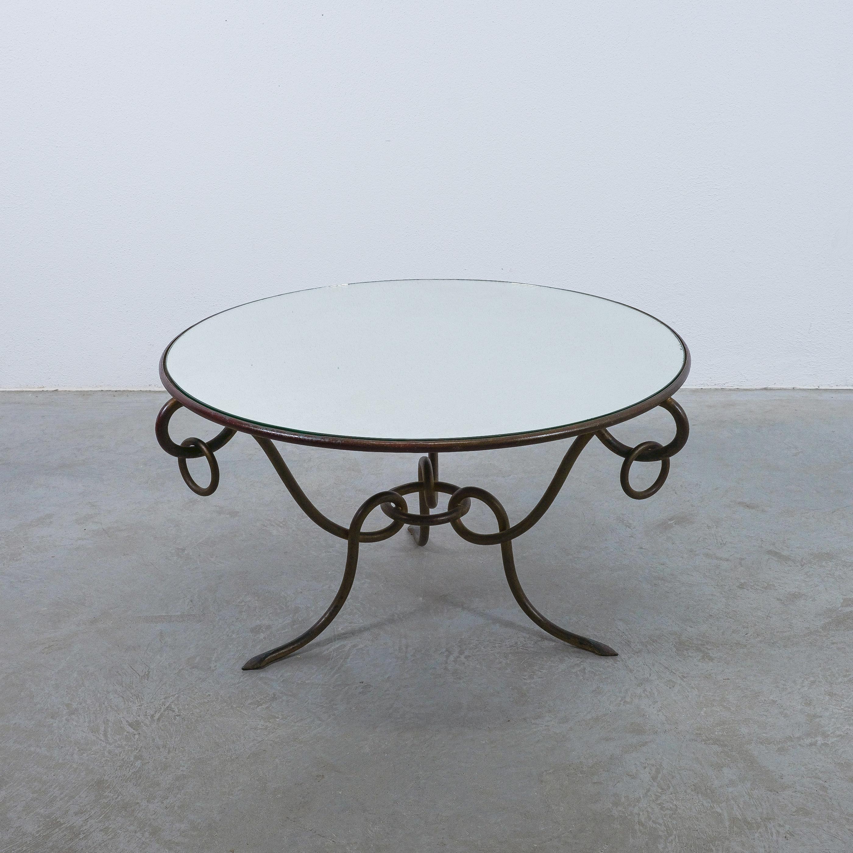 French René Drouet Mirrored Coffee Table Wrought Iron, France 1950 For Sale