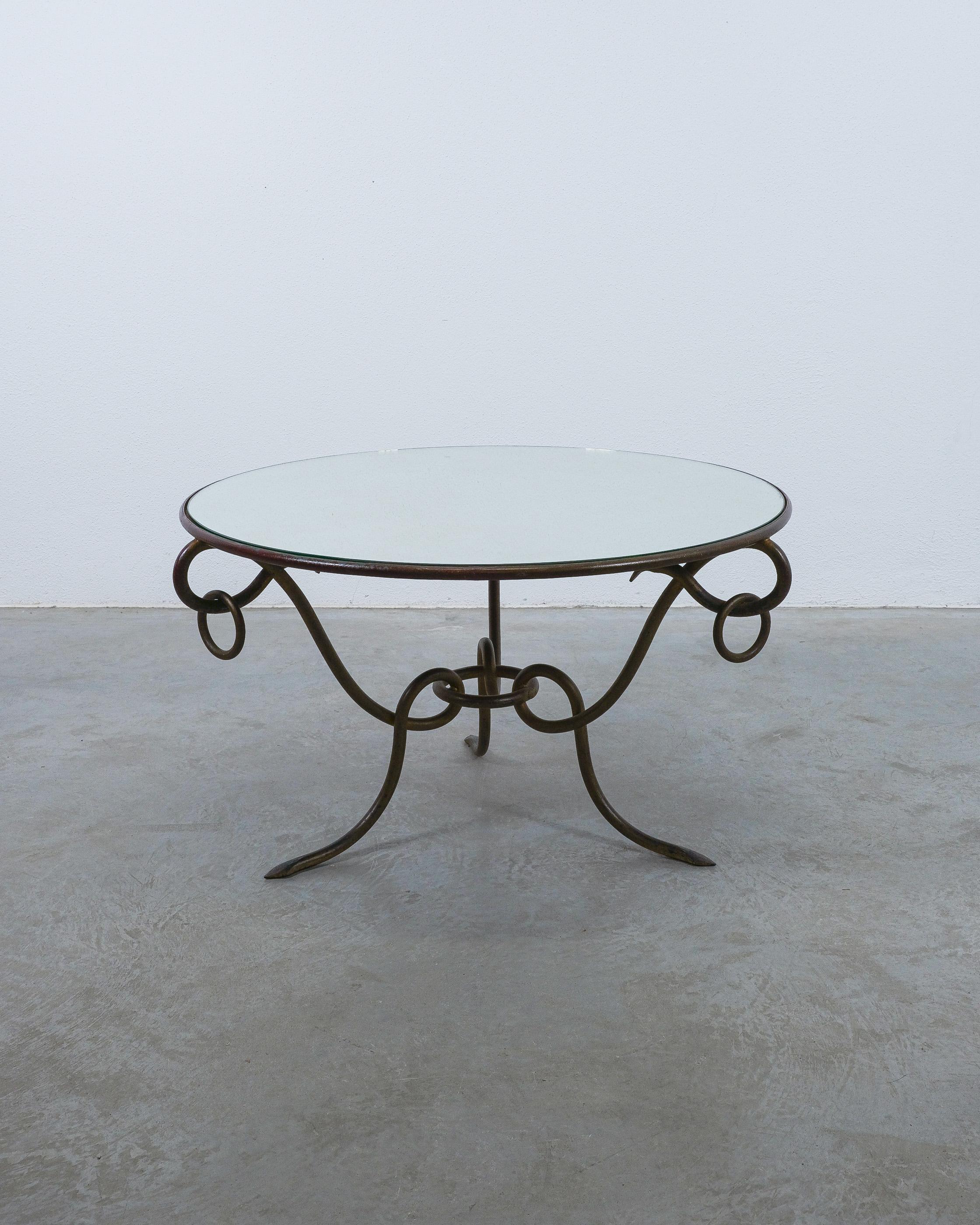 Glass René Drouet Mirrored Coffee Table Wrought Iron, France 1950 For Sale