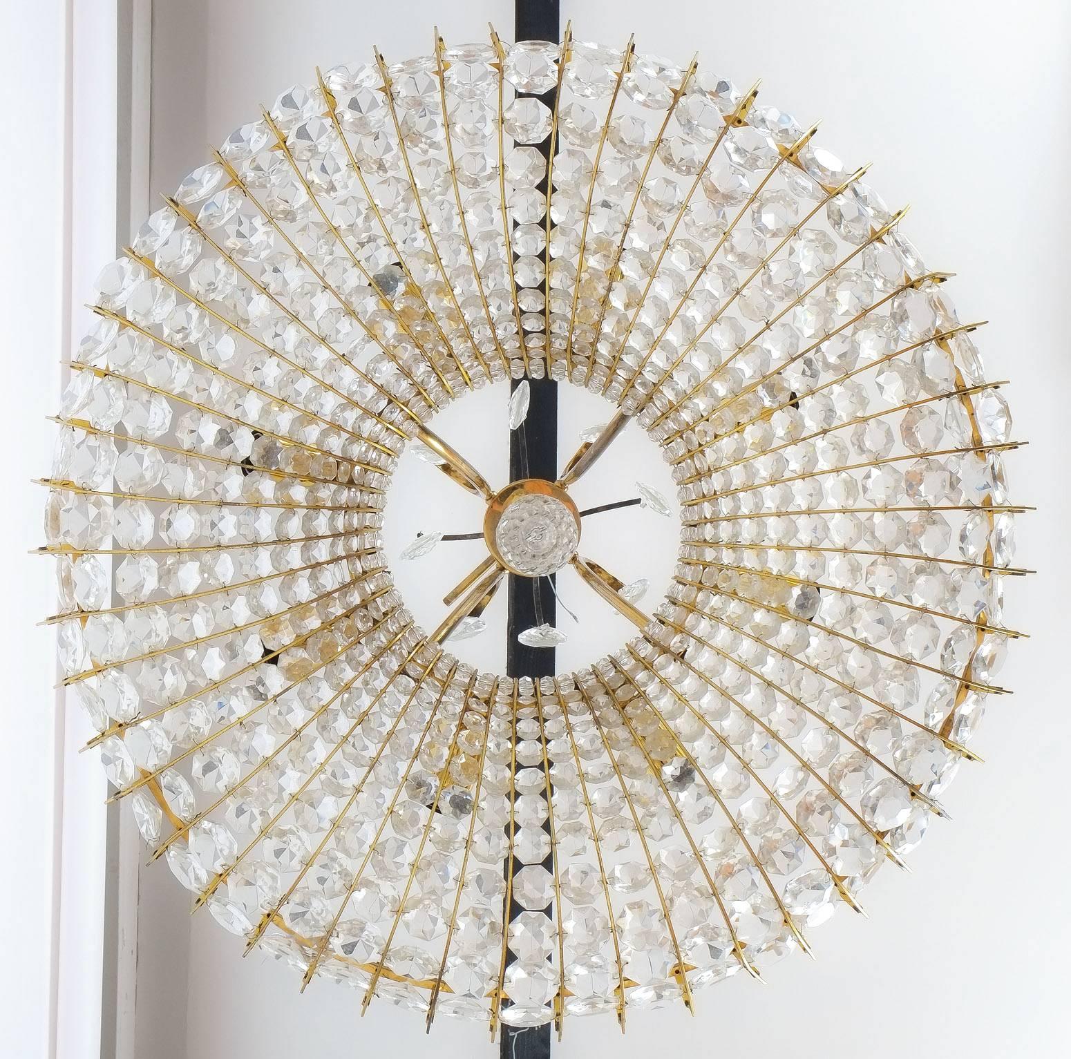 Hollywood Regency Beautiful and Large, Brass and Glass Chandelier in the style of  Lobmeyr