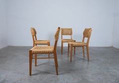 Set of Four Dining Chairs Wood Rope Adrien Audoux & Frida Minet France, 1950