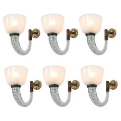 Set of 6 Archimede Seguso Midcentury Wall Sconces, Glass & Brass, Italy, 1960