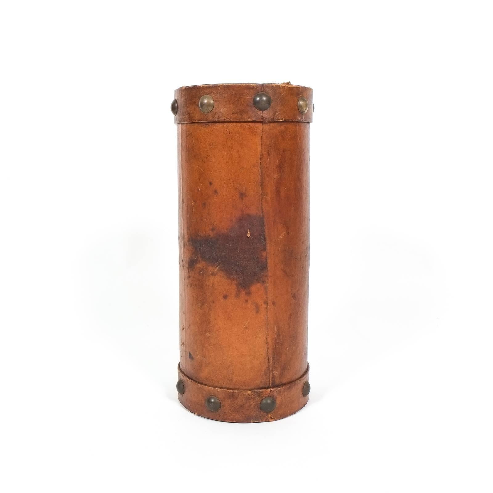 Mid-Century Modern Leather Umbrella Stand with Brass Knobs, France, circa 1950