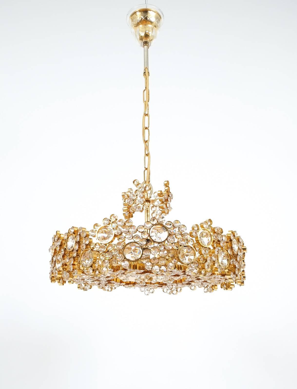 Gilt One of Two Palwa Crystal Glass Brass Chandeliers Refurbished Lamps, 1960