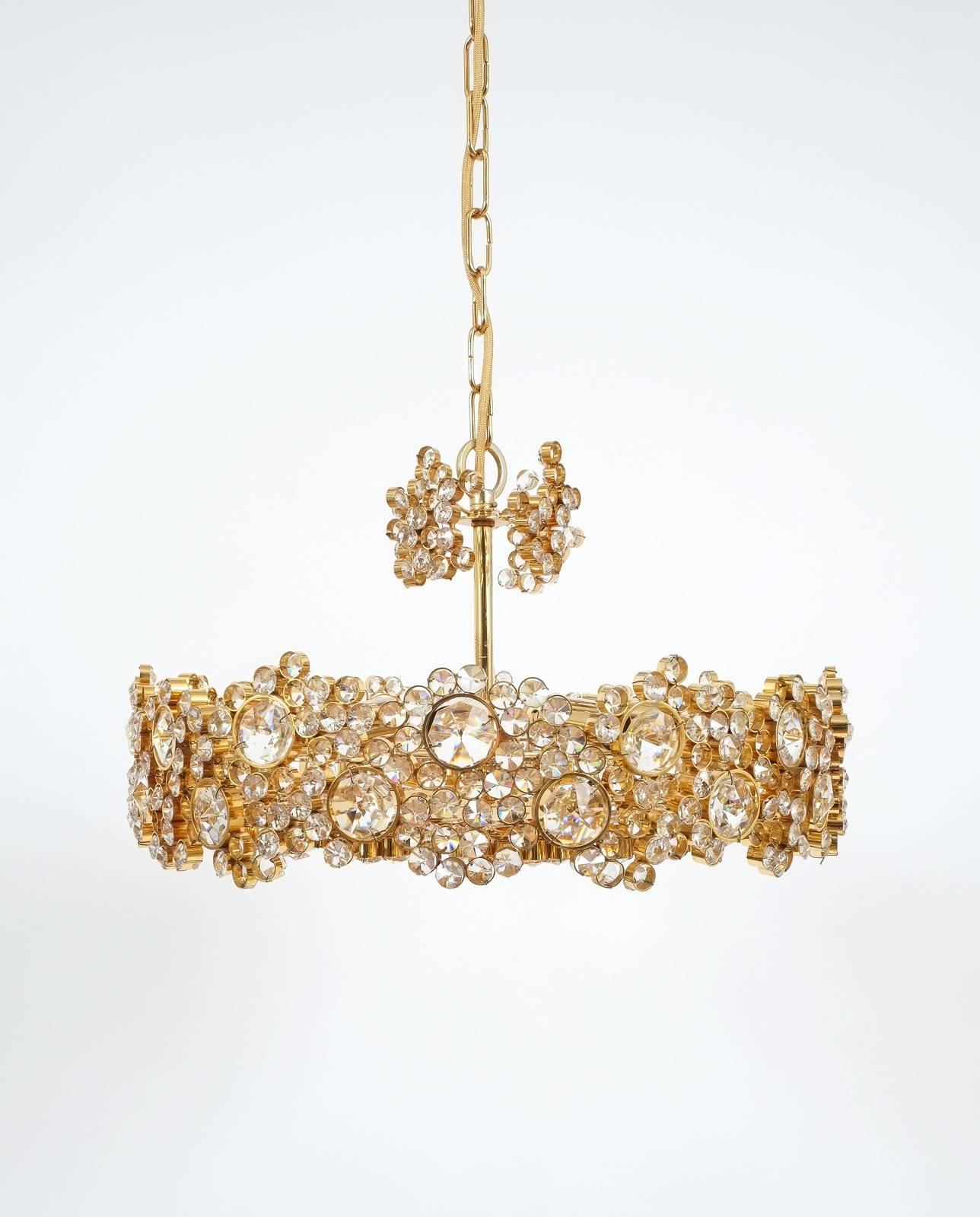 Mid-20th Century One of Two Palwa Crystal Glass Brass Chandeliers Refurbished Lamps, 1960