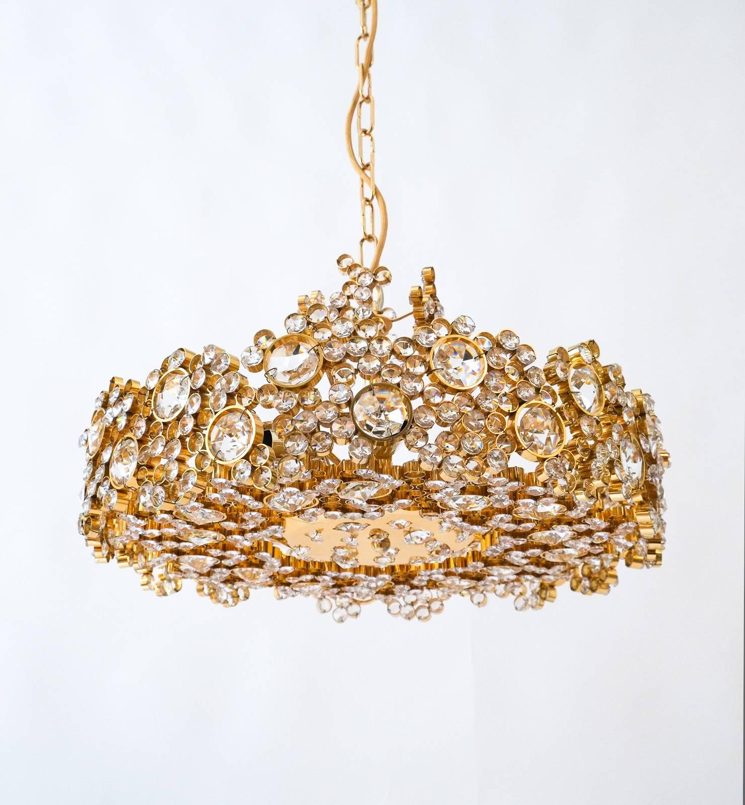 Hollywood Regency One of Two Palwa Crystal Glass Brass Chandeliers Refurbished Lamps, 1960