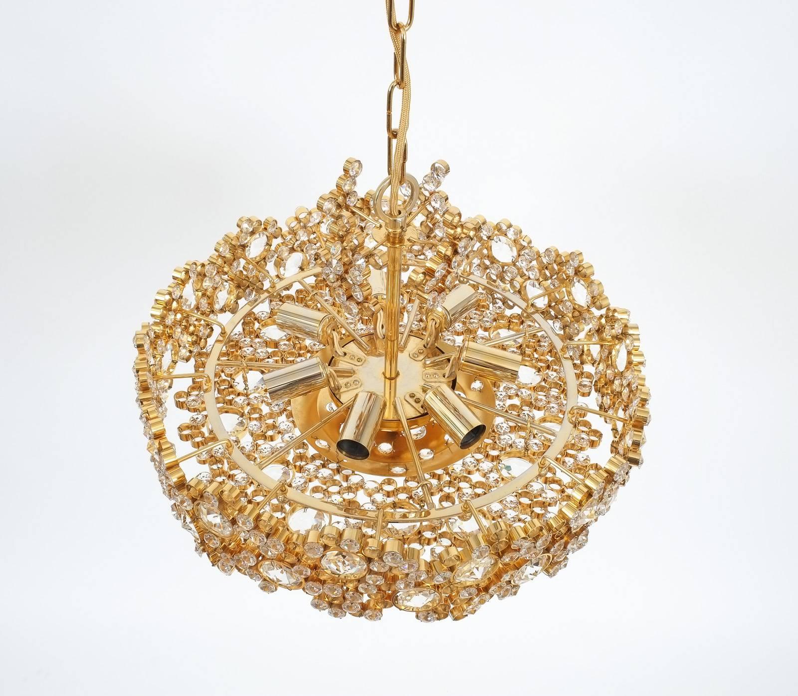 German One of Two Palwa Crystal Glass Brass Chandeliers Refurbished Lamps, 1960