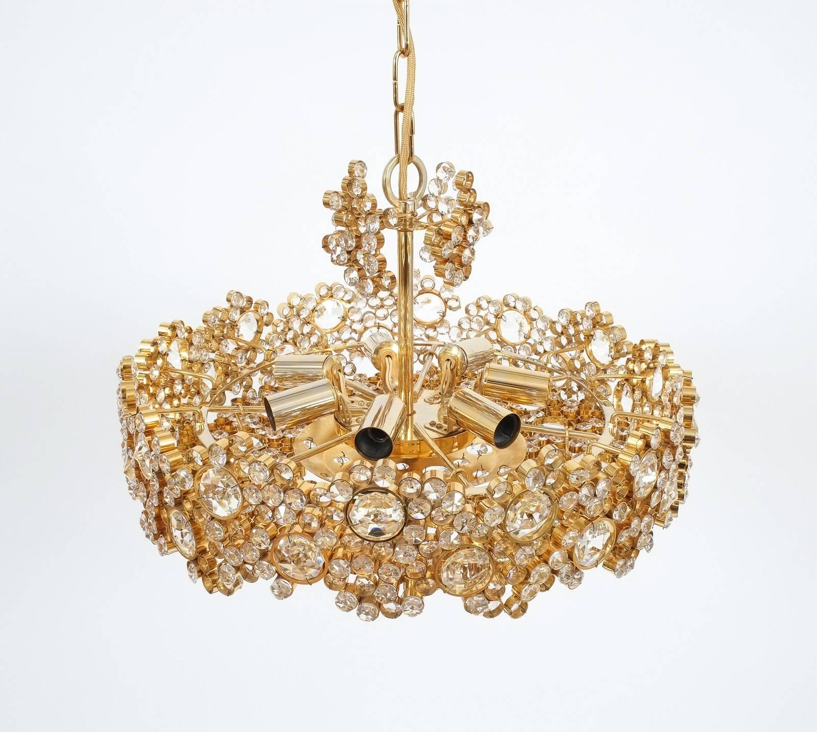 Cut Glass One of Two Palwa Crystal Glass Brass Chandeliers Refurbished Lamps, 1960