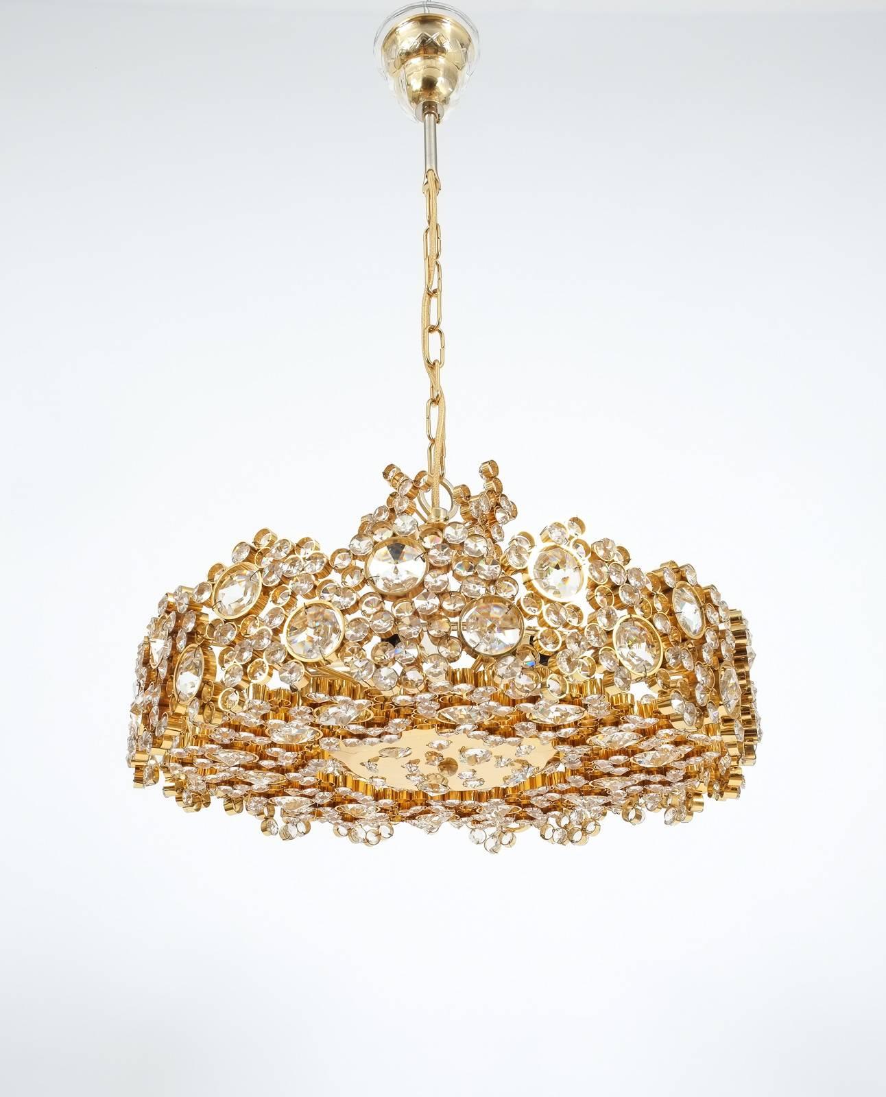 One of Two Palwa Crystal Glass Brass Chandeliers Refurbished Lamps, 1960 1