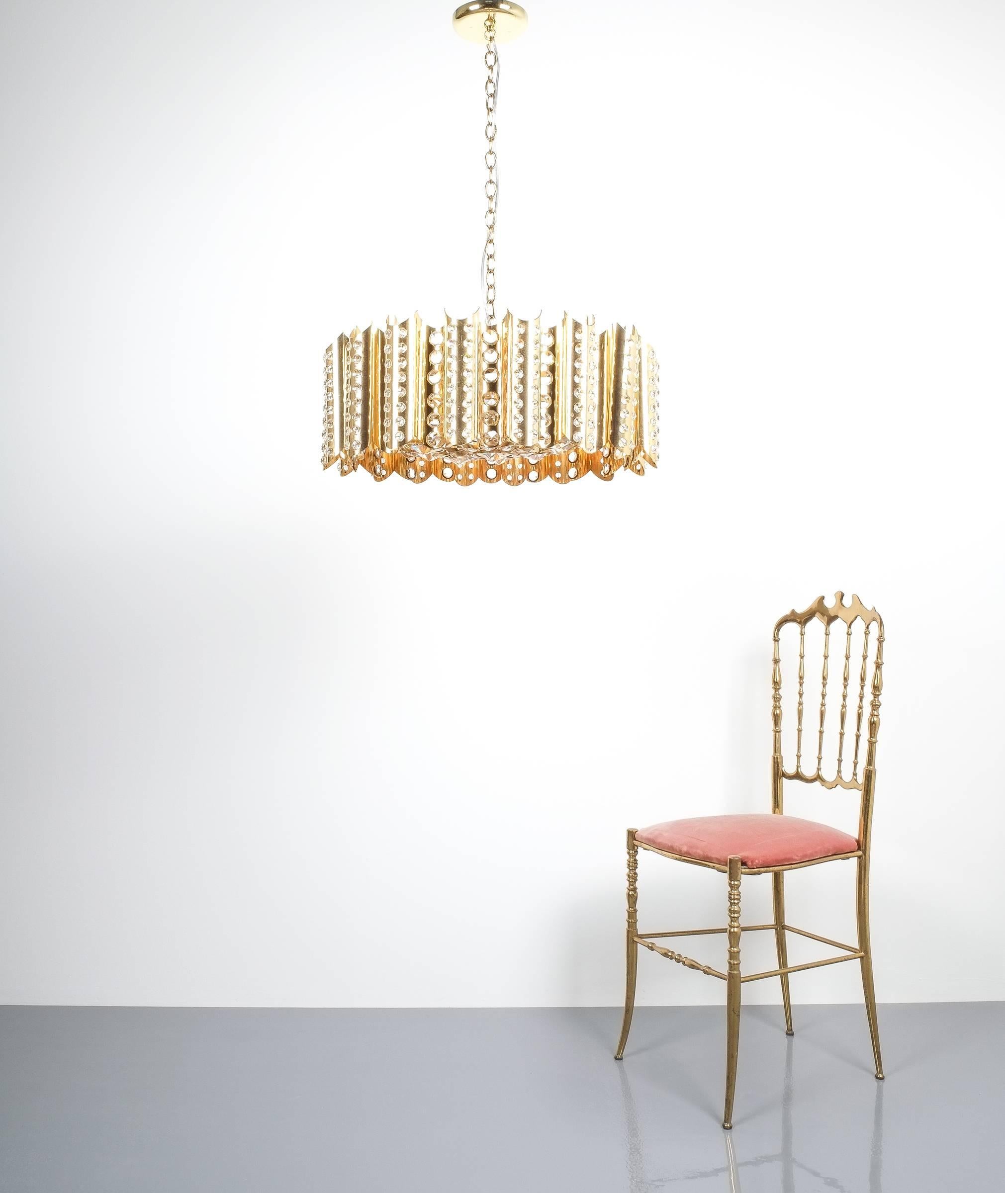 Mid-Century Modern Brass Glass Chandelier Lamp Large Gold-Plated, Italy Mid Century For Sale