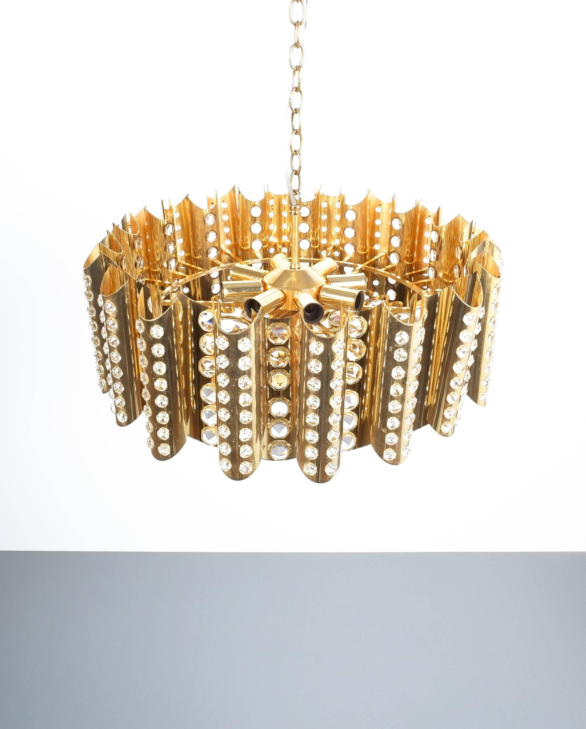 Gilt Brass Glass Chandelier Lamp Large Gold-Plated, Italy Mid Century For Sale